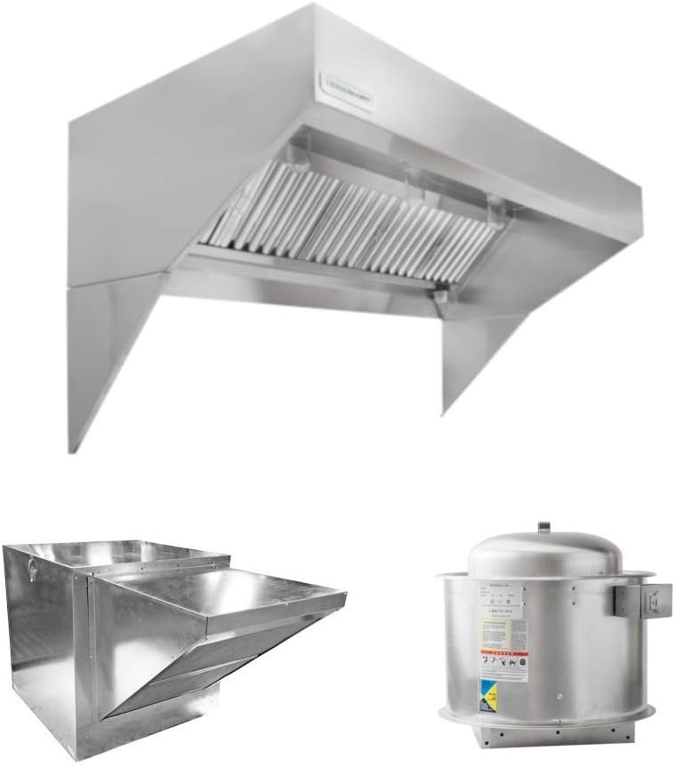 HOODMART 7’ Low Ceiling Sloped Front Hood System with Makeup Air | Includes Exhaust Fan and Low Profile Supply Fan for Restaurant | Commercial Kitchen Equipment Made in USA