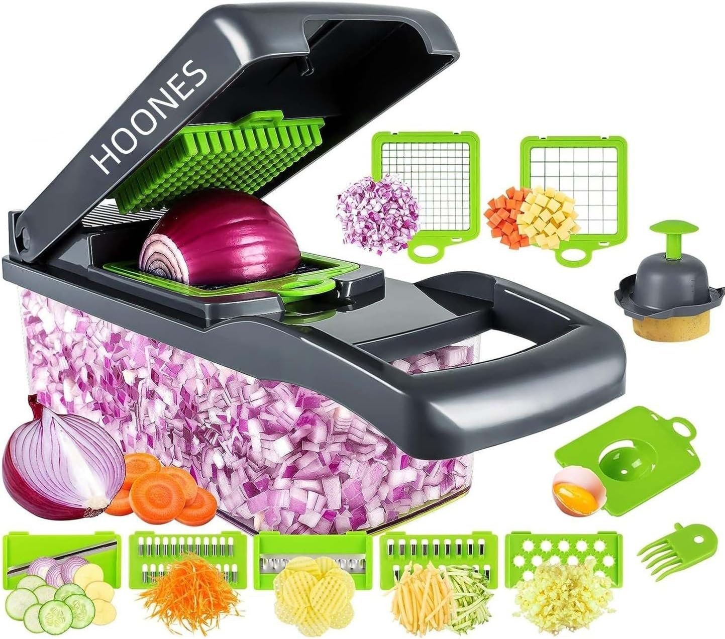 HOONES Vegetable Chopper 15 in 1- Spiralizer Vegetable Slicer - Onion Chopper with Container - Pro Food Chopper - Slicer Dicer Cutter - (Black and Green) HOONES Vegetable Chopper 15 in 1- Spiralizer Vegetable Slicer - Onion Chopper with Container - Pro Food Chopper - Slicer Dicer Cutter - (Black and Green)