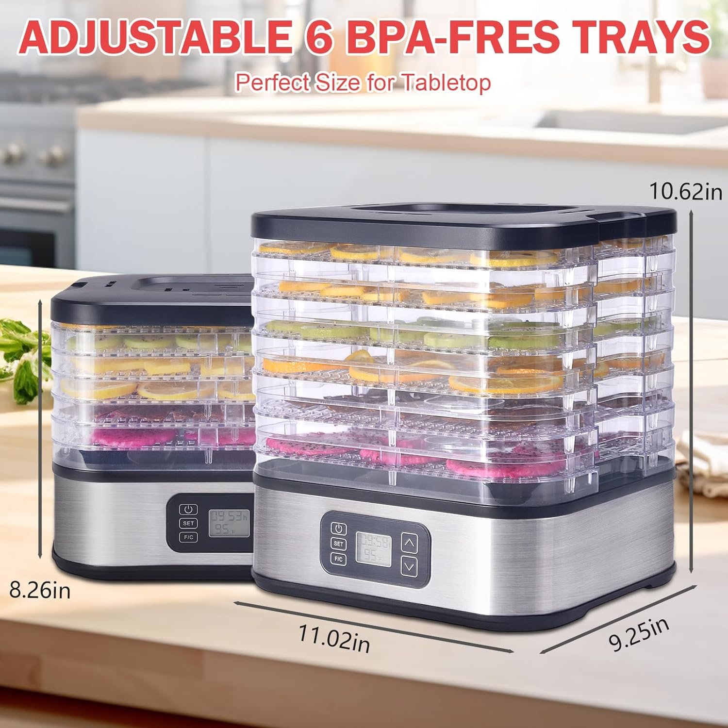 HOPERAN Food Dehydrator, 6 Trays Dehydrator with 72H Timer  95-167℉ Temperature Control  LED Display, Dehydrators for Food and Jerky, Fruits, Herb, Veggies, Pet Treat, BPA-Free, Include Recipe Book