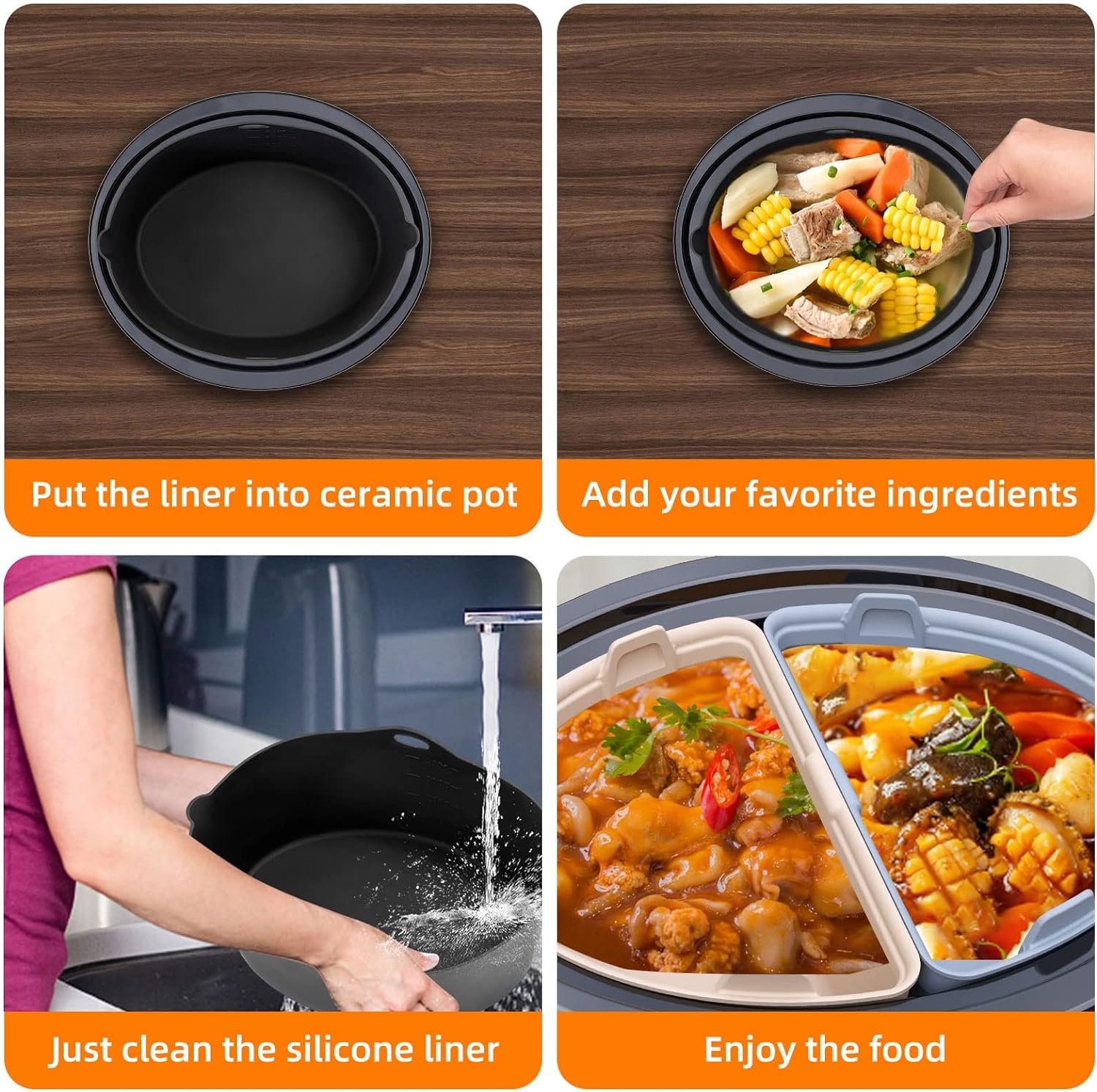 Horuhue Silicone Liners Fit for Crock Pots/Slow Cookers 7-8QT, Slow Cooker Divider Insert Compatible for Crock Pot Liners, Reusable/BPA Free/Leakproof/Cooking Accessories for Most 7-8 QT Slow Cooker