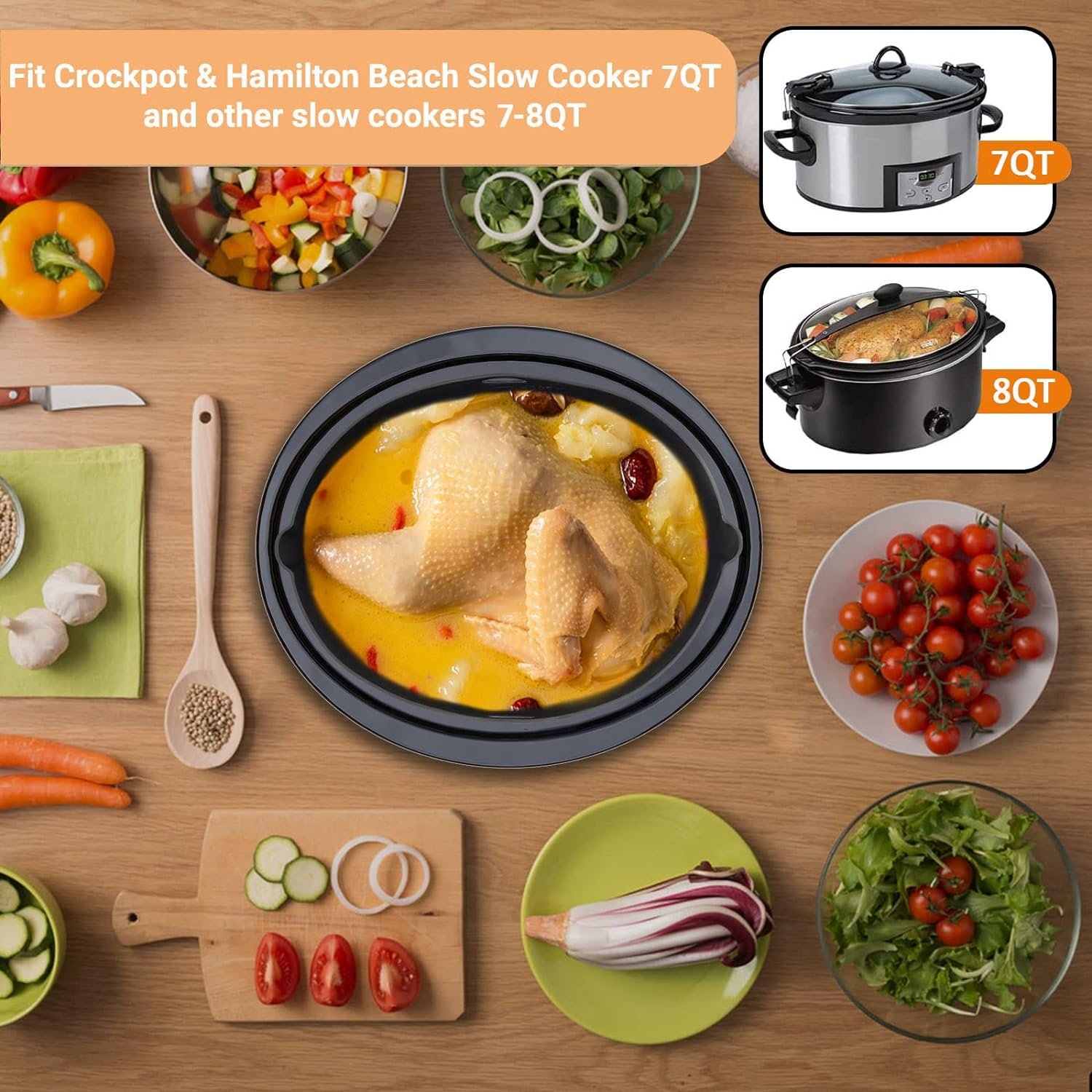 Horuhue Silicone Liners Fit for Crock Pots/Slow Cookers 7-8QT, Slow Cooker Divider Insert Compatible for Crock Pot Liners, Reusable/BPA Free/Leakproof/Cooking Accessories for Most 7-8 QT Slow Cooker