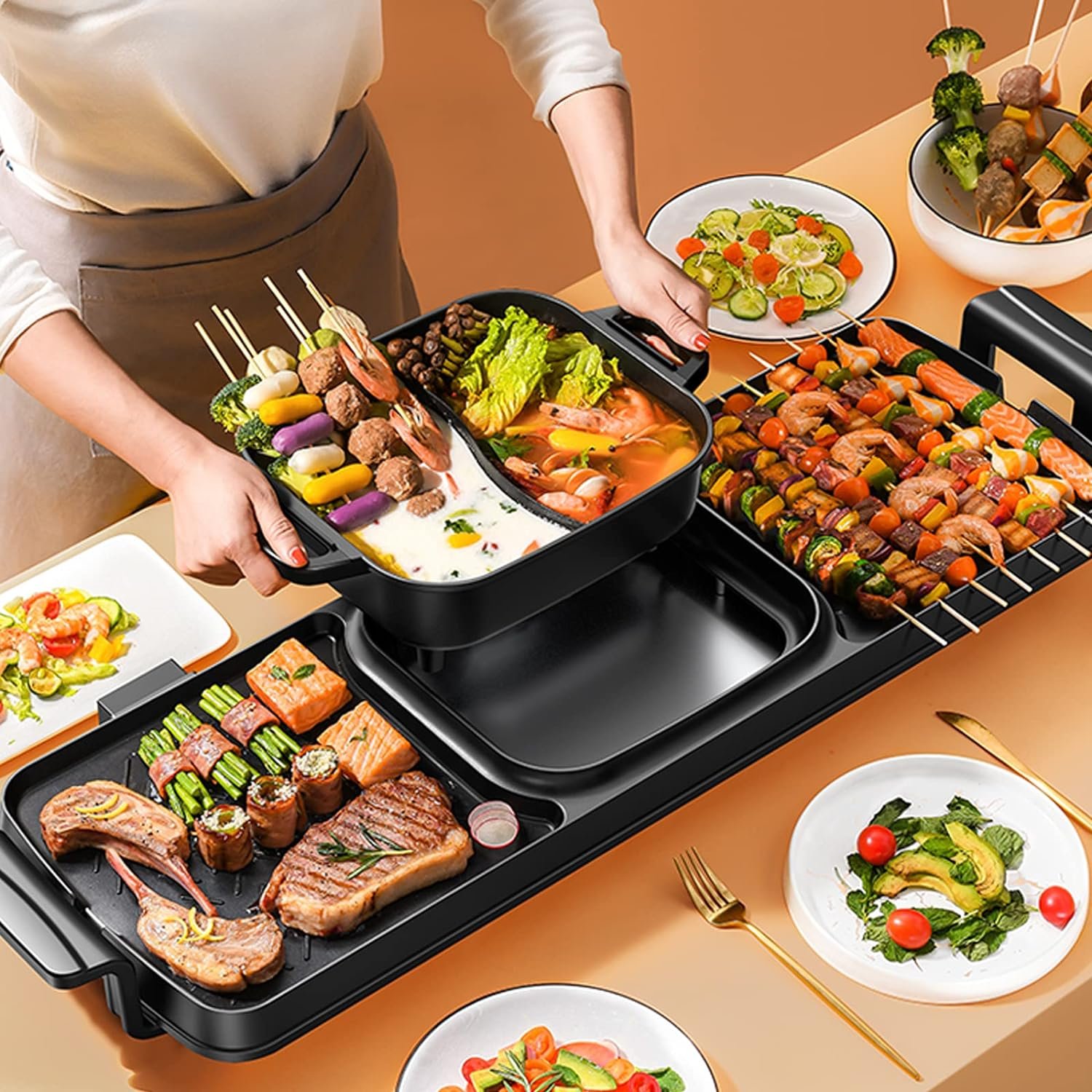 Hot Pot with Grill,2200w 3 in 1 Electric Smokeless Indoor Grill Pot,Separable Shabu Hot Pot divided BBQ，2200W F3AY