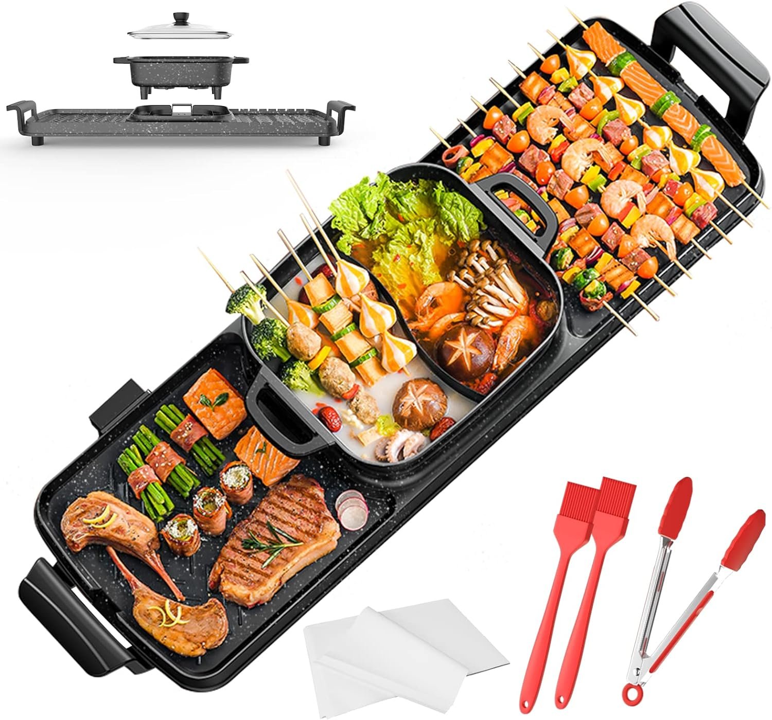 Hot Pot with Grill,2200w 3 in 1 Electric Smokeless Indoor Grill Pot,Separable Shabu Hot Pot divided BBQ，2200W F3AY