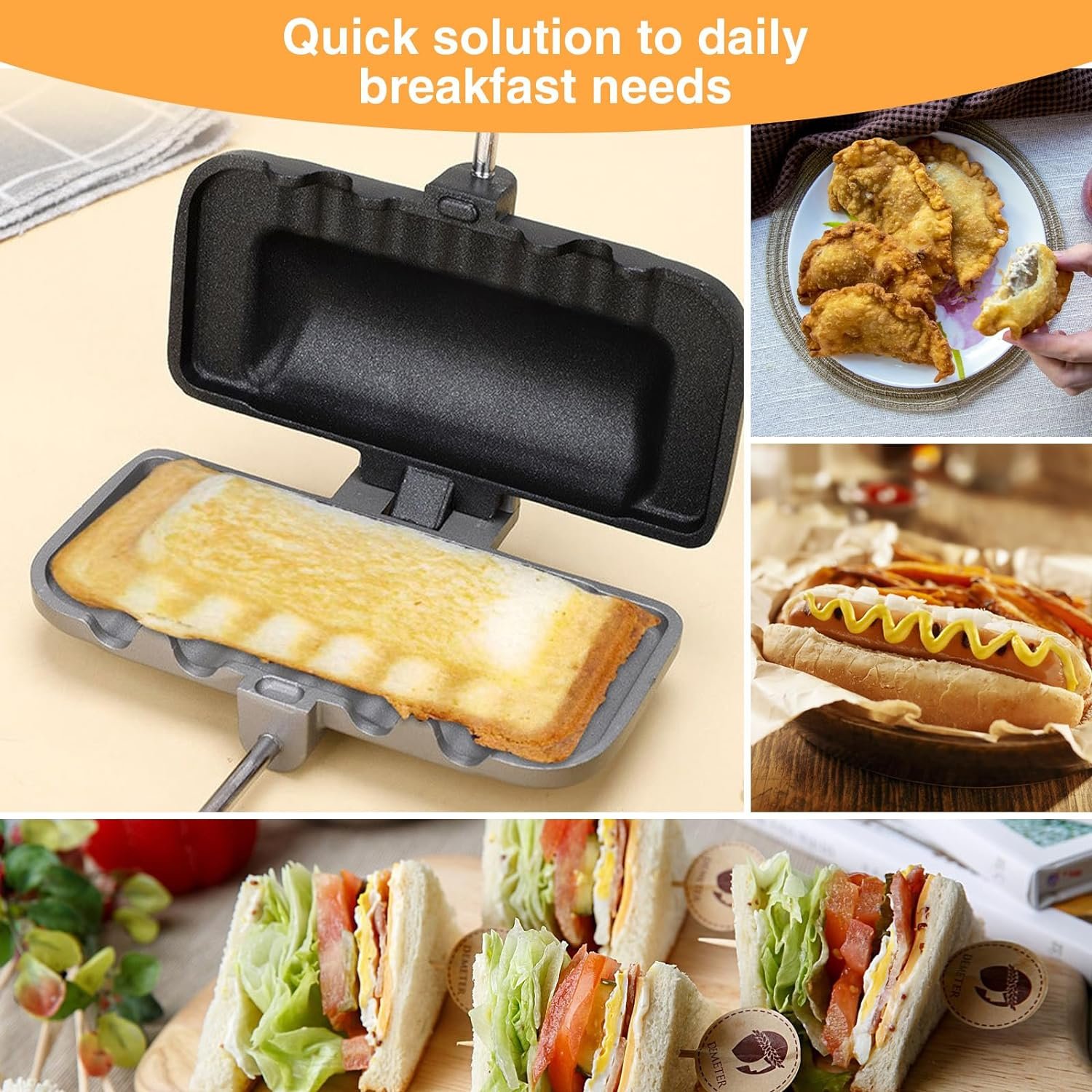 Hot Sandwich Maker, Double-Sided Hot Dog Toaster Nonstick Sandwich Skillet with Removable Handle for Breakfast Pancakes, Toast, Omelets, Egg Panini Press Hot Sandwich Maker, Double-Sided Hot Dog Toaster Nonstick Sandwich Skillet with Removable Handle for Breakfast Pancakes, Toast, Omelets, Egg Panini Press