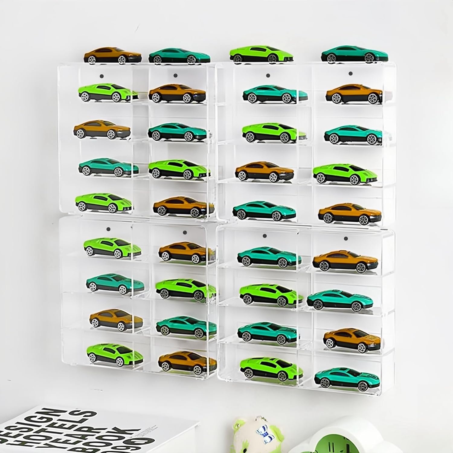 Hot Wheels Display Case Wall Mount,1/64 Toy Car Wall Storage,Matchbox Car Organizer,4 Piece 32 Slots Hot Wheels Clear Wall Storage Box with Dust Cover
