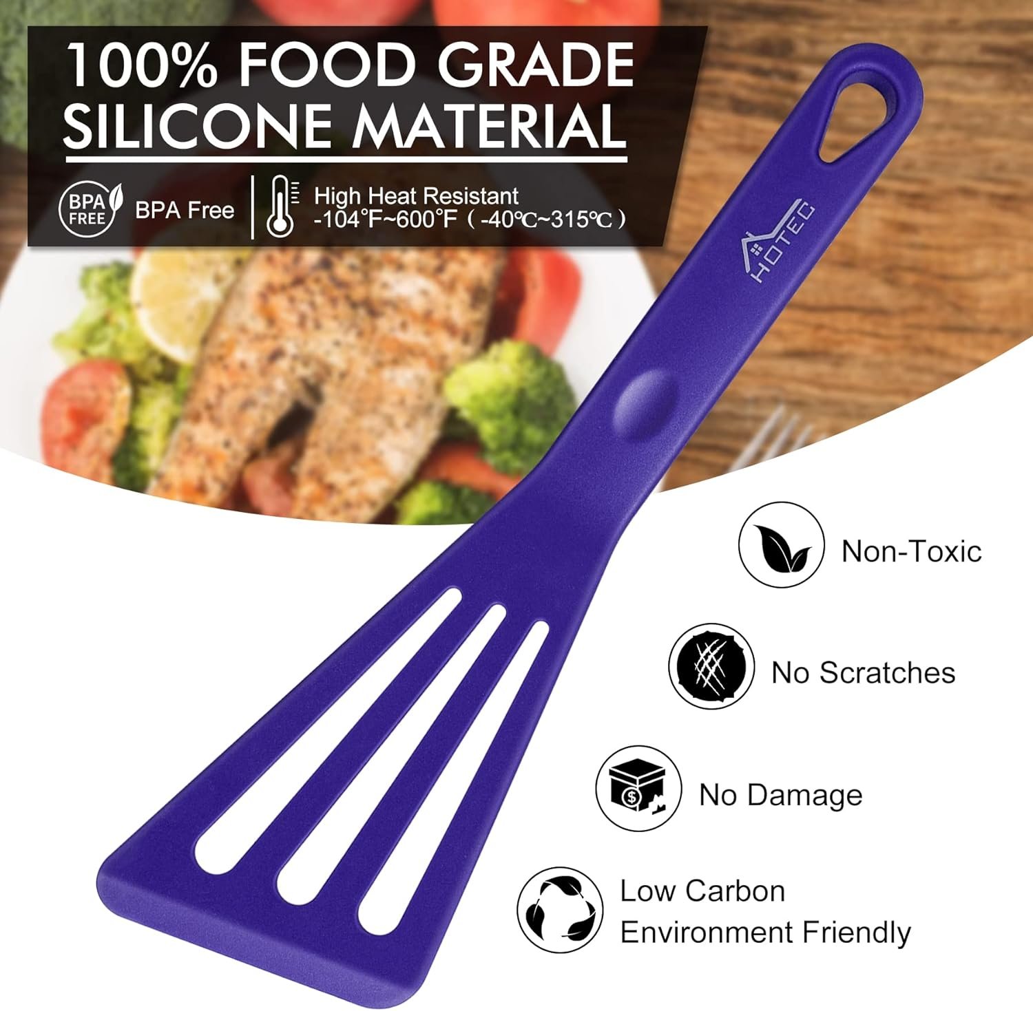 HOTEC Heat Resistant Silicone Slotted Fish Turner Spatula Set, Kitchen Cooking Spatulas, for Non Stick Cookware Dishwasher Safe Classic Blue, set of 2