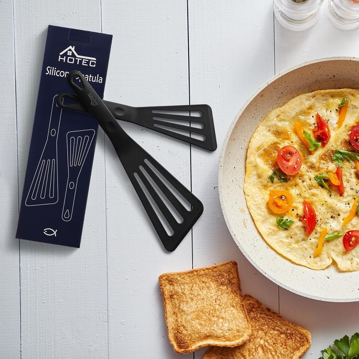 HOTEC Heat Resistant Silicone Slotted Fish Turner Spatula Set, Kitchen Cooking Spatulas, for Non Stick Cookware Dishwasher Safe Classic Blue, set of 2