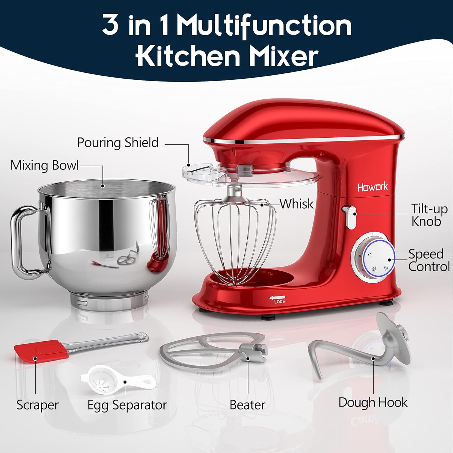 HOWORK 8.5QT Stand Mixer, 660W 6+P Speed Tilt-Head, Electric Kitchen Mixer With Dishwasher-Safe Dough Hook, Beater, Wire Whip  Pouring Shield(8.5 QT, Silver)