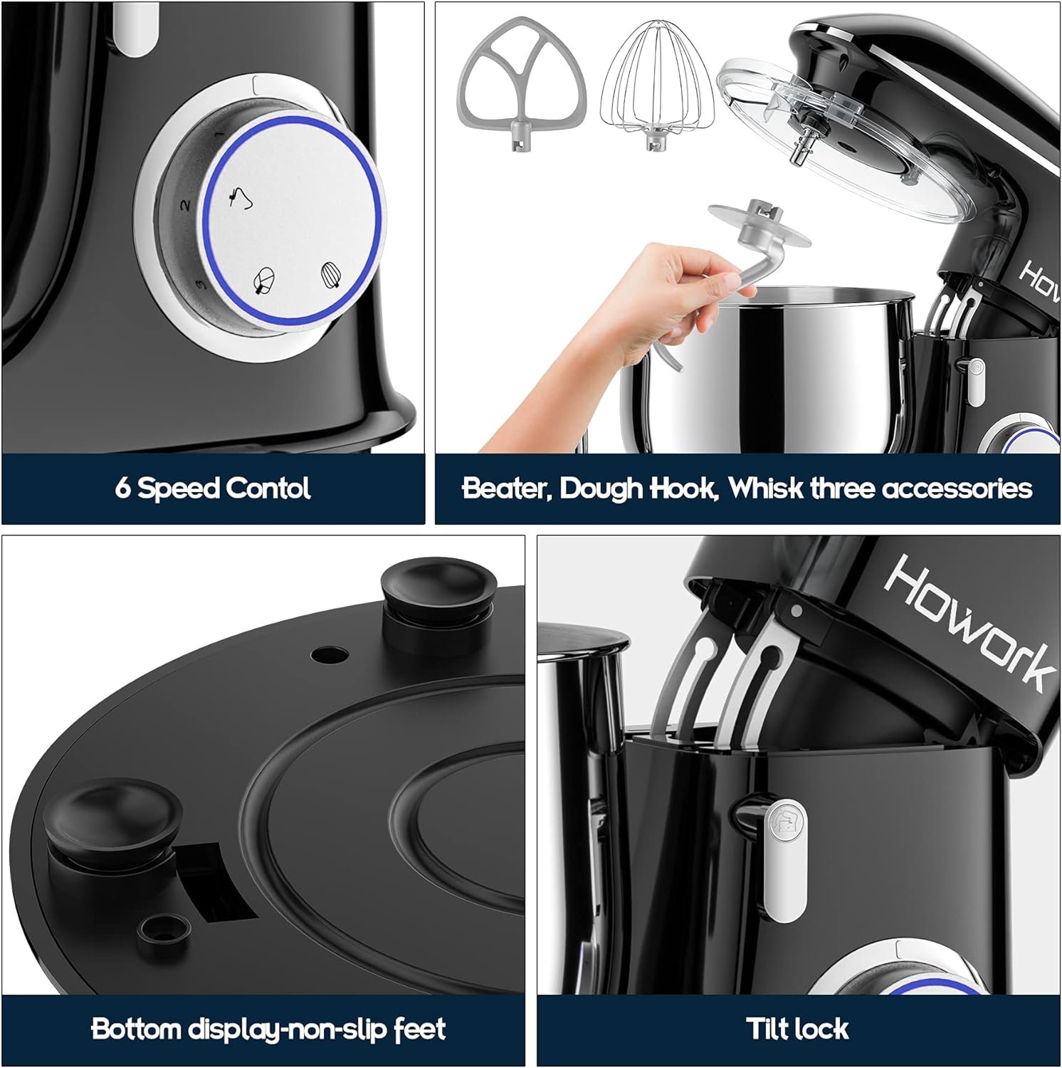 HOWORK 8.5QT Stand Mixer, 660W 6+P Speed Tilt-Head, Electric Kitchen Mixer With Dishwasher-Safe Dough Hook, Beater, Wire Whip  Pouring Shield(8.5 QT, Silver)