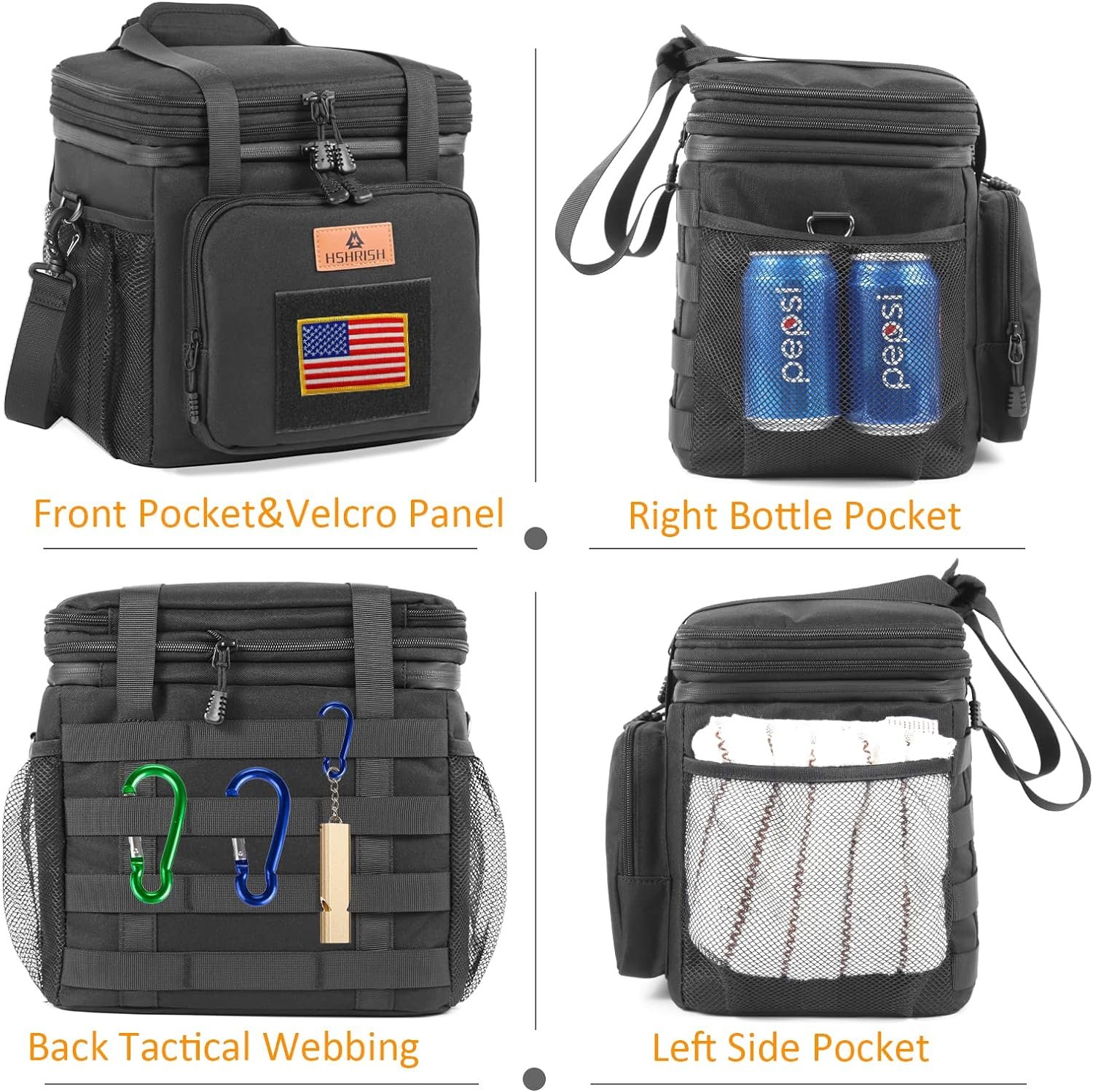 HSHRISH Expandable Large Tactical Lunch Box for Adults, Durable Insulated Lunch Bag with Shoulder Strap, Soft Cooler Bag for Men Work Outdoor Picnic Trips, 20 Can/16 L, Black