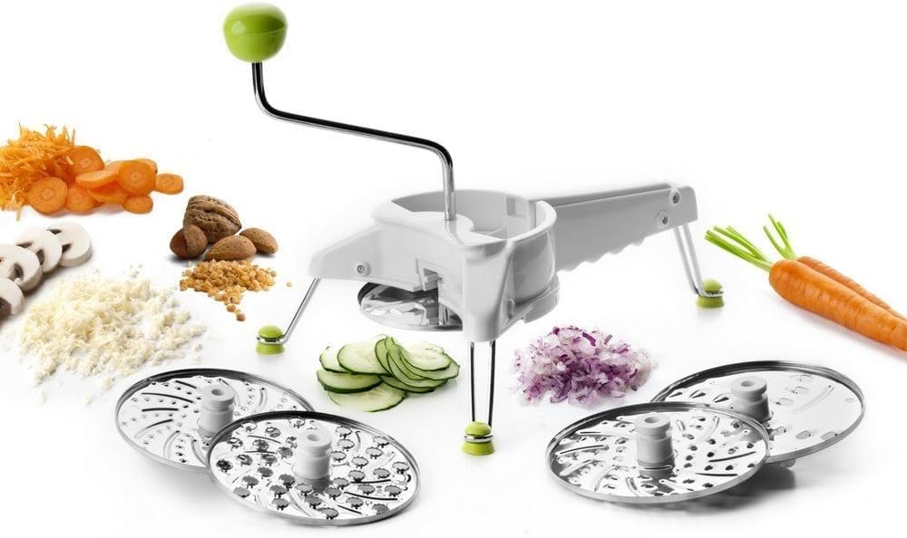 IBILI Rotary Cheese Grater 5 in 1 with Hand Crank, Mandoline Slicer for Kitchen, Vegetable Shredder, Made in Spain, Includes 5 Stainless Steel Interchangeable Variated Discs, (Discs Dishwasher Safe)