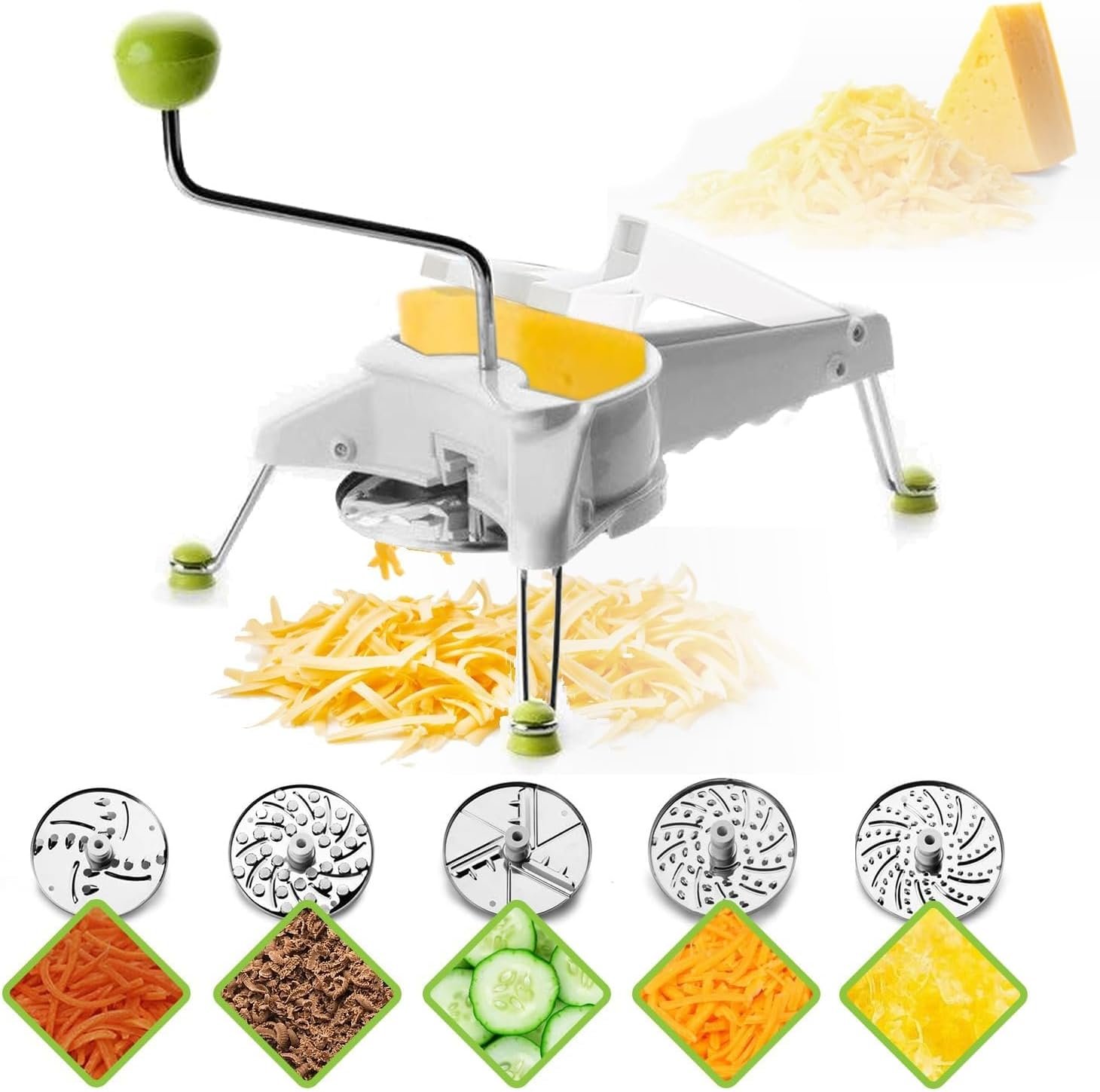 IBILI Rotary Cheese Grater 5 in 1 with Hand Crank, Mandoline Slicer for Kitchen, Vegetable Shredder, Made in Spain, Includes 5 Stainless Steel Interchangeable Variated Discs, (Discs Dishwasher Safe)