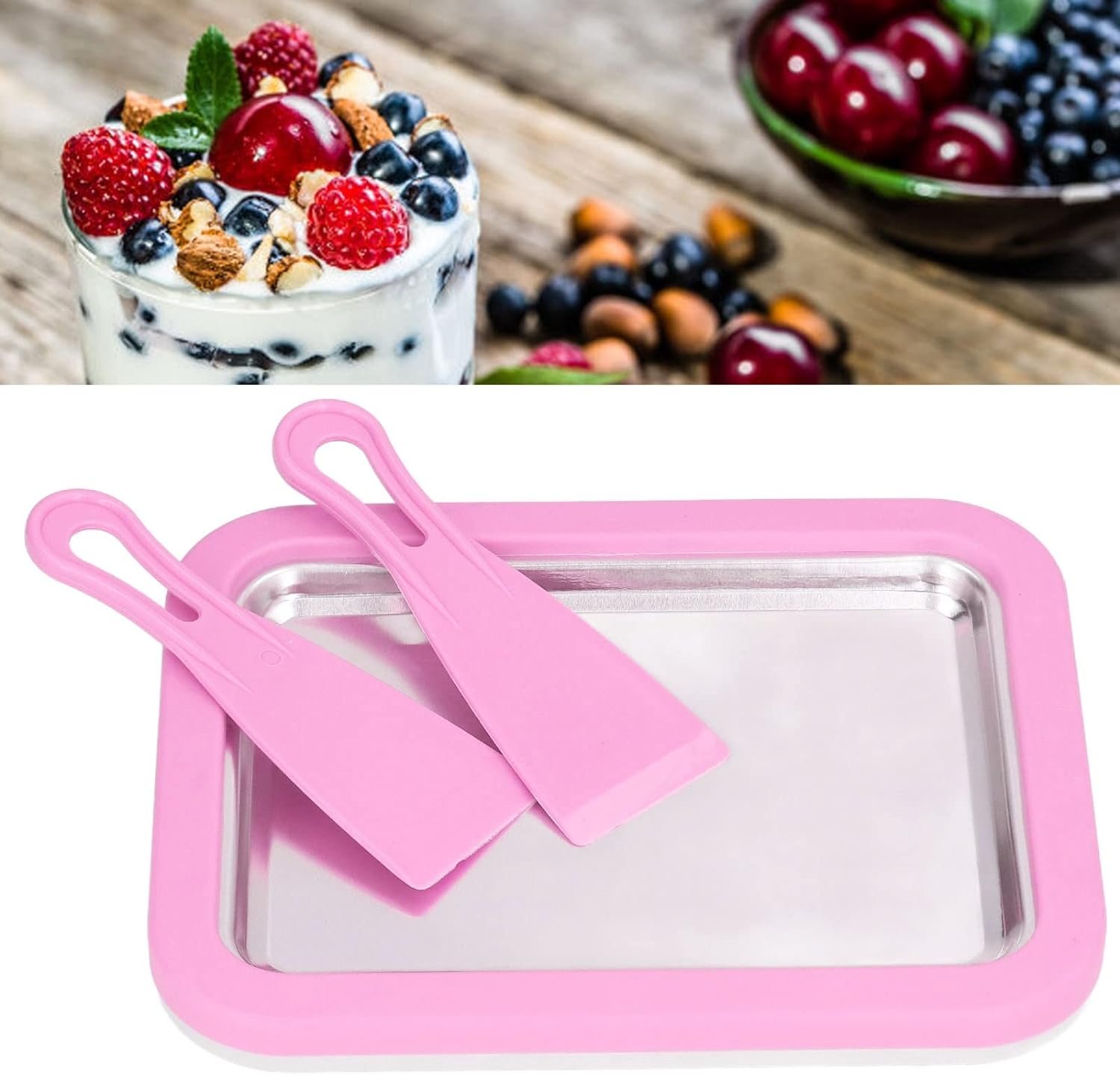 Ice Cream Maker, Frozen Yogurt Sorbet Gelato Rolled Pan with Scraper Food Grade Stainless Steel Cold Sweet Fried Plate for Kids (Pink)