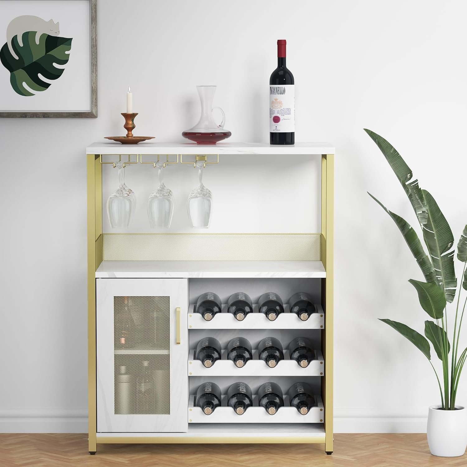IDEALHOUSE Wine Bar Rack Cabinet with Detachable Wine Rack, Bar Cabinet with Glass Holder, Small Sideboard and Buffet Cabinet with Mesh Door (Retro Brown)