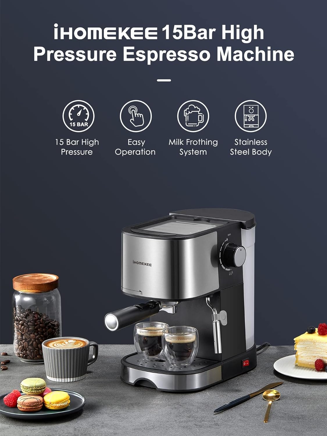 Ihomekee Espresso Machine 15 Bar Pump Pressure, Espresso and Cappuccino Coffee Maker with Milk Frother/Steam Wand for Latte, Mocha, Cappuccino, Silver+Black