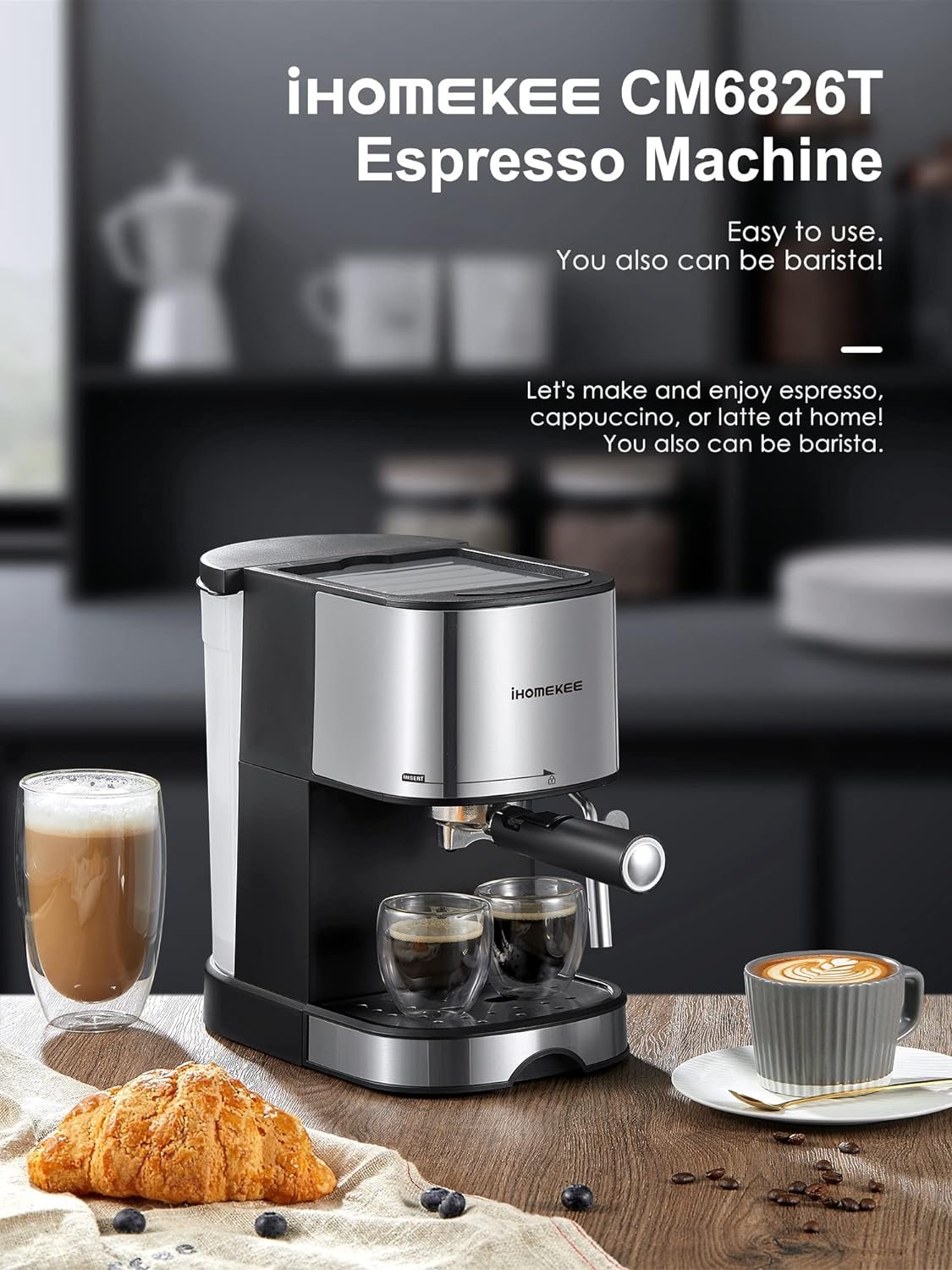 Ihomekee Espresso Machine 15 Bar Pump Pressure, Espresso and Cappuccino Coffee Maker with Milk Frother/Steam Wand for Latte, Mocha, Cappuccino, Silver+Black