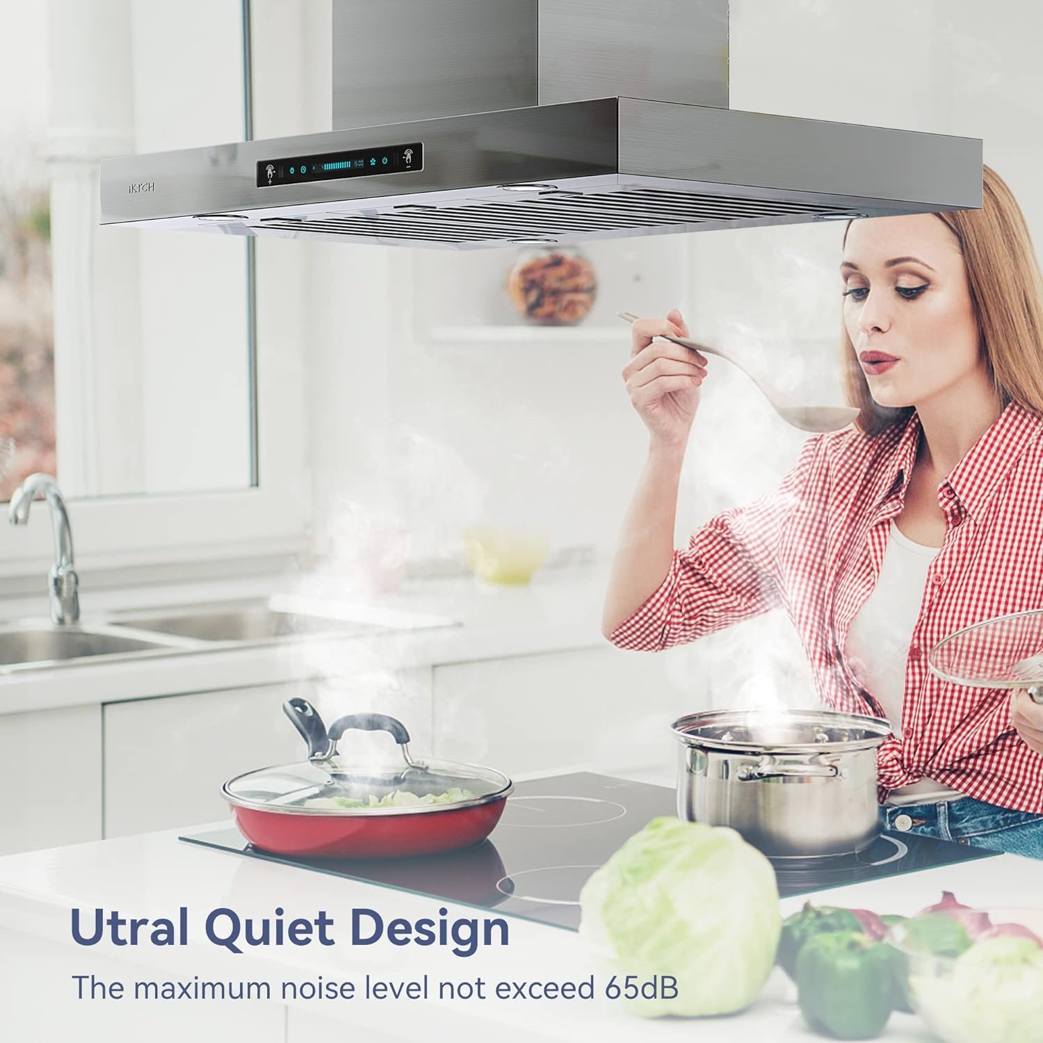 IKTCH Upgrated 36Island Mount Range Hood,900 CFM Ducted Range Hood with 4 Speed Fan,Stainless Steel Tempered Glass Range Hood 36 inch with Gesture SensingTouch Control Making life Smarter IKIS01-36