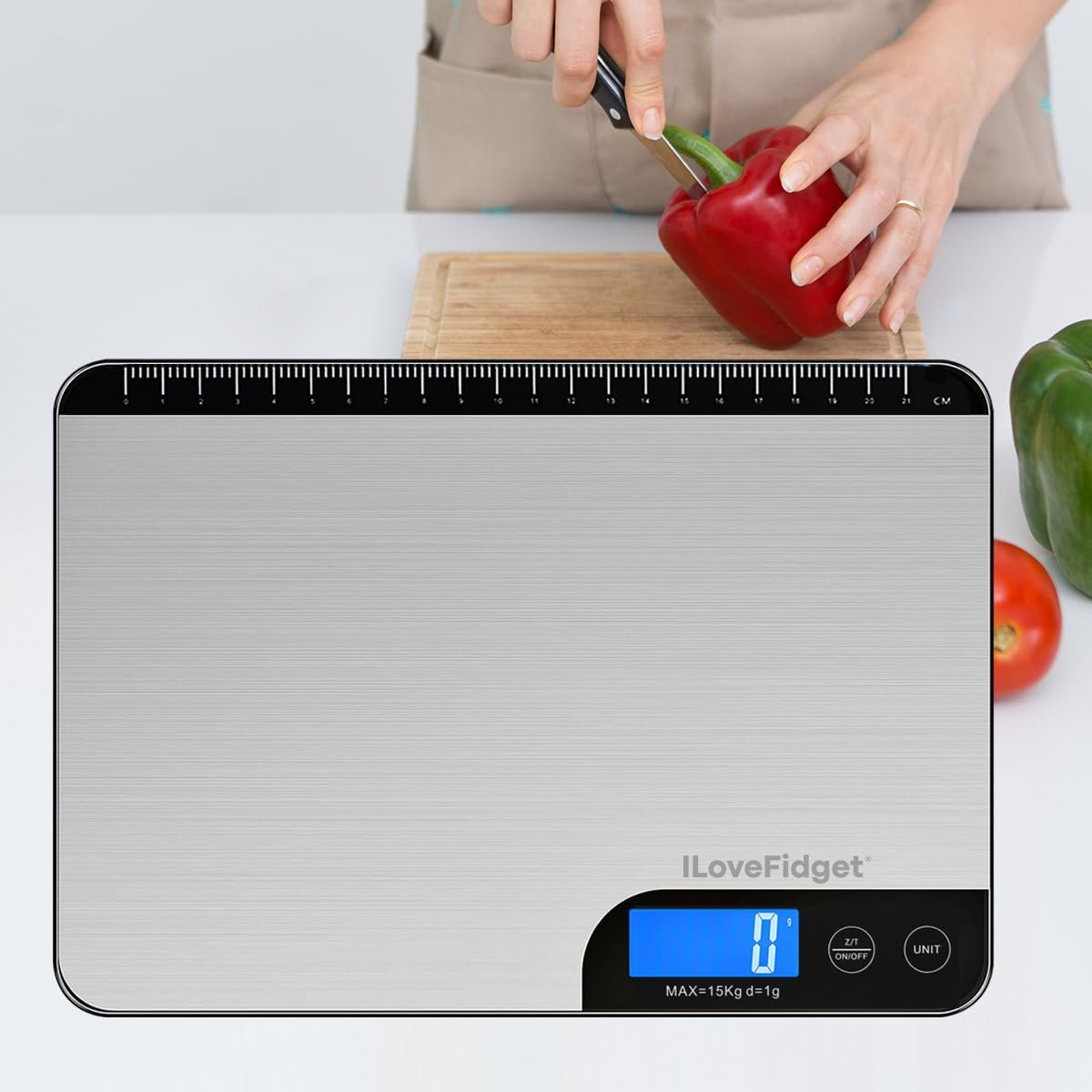 ILoveFidget Digital Kitchen Scale 33lb with Measure Length (8in), Rechargeable Food Scale with LCD Display Weight Grams and Ounces, 1g/0.1oz Precise Graduation, 304 Stainless Steel and Tempered Glass