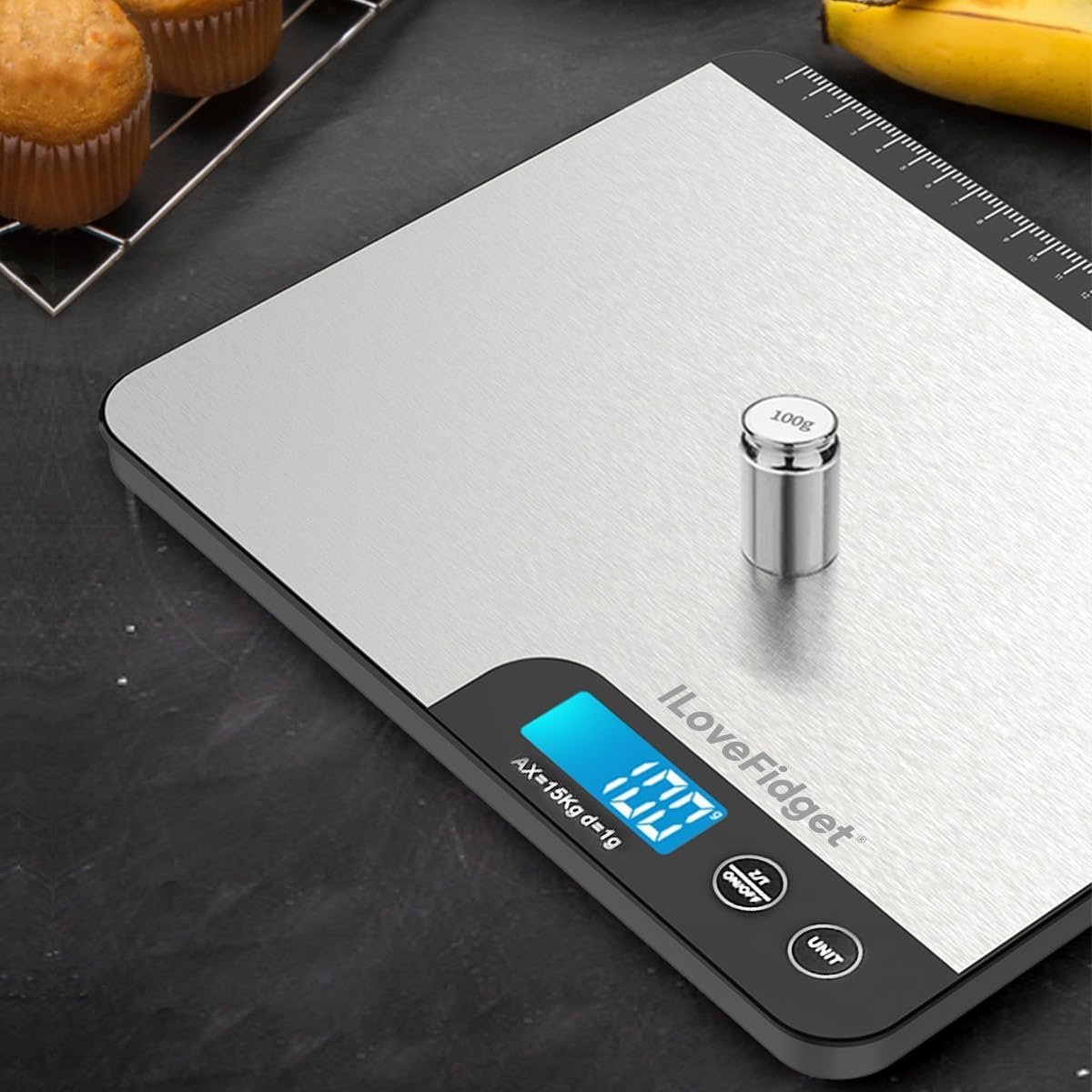 ILoveFidget Digital Kitchen Scale 33lb with Measure Length (8in), Rechargeable Food Scale with LCD Display Weight Grams and Ounces, 1g/0.1oz Precise Graduation, 304 Stainless Steel and Tempered Glass