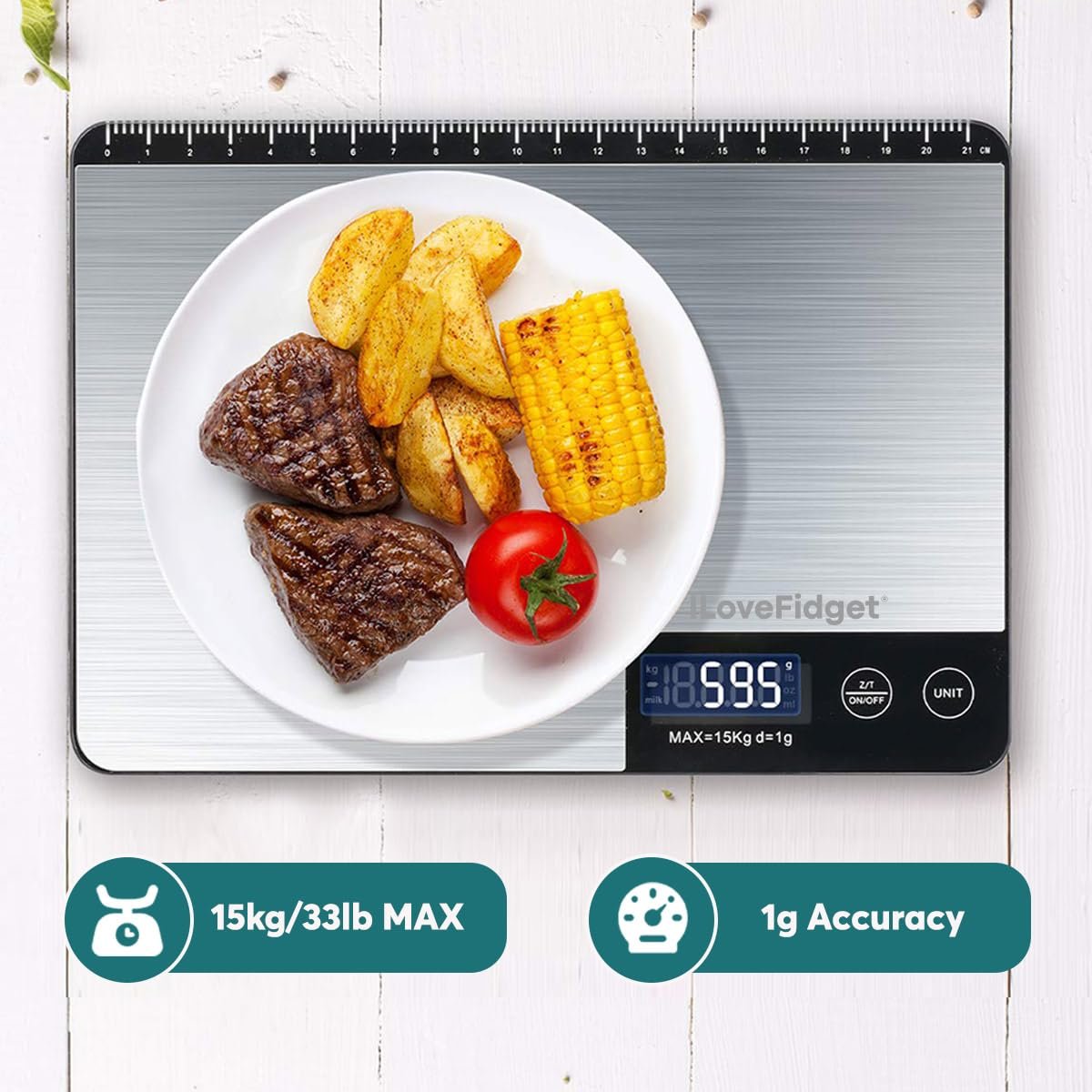 ILoveFidget Digital Kitchen Scale 33lb with Measure Length (8in), Rechargeable Food Scale with LCD Display Weight Grams and Ounces, 1g/0.1oz Precise Graduation, 304 Stainless Steel and Tempered Glass