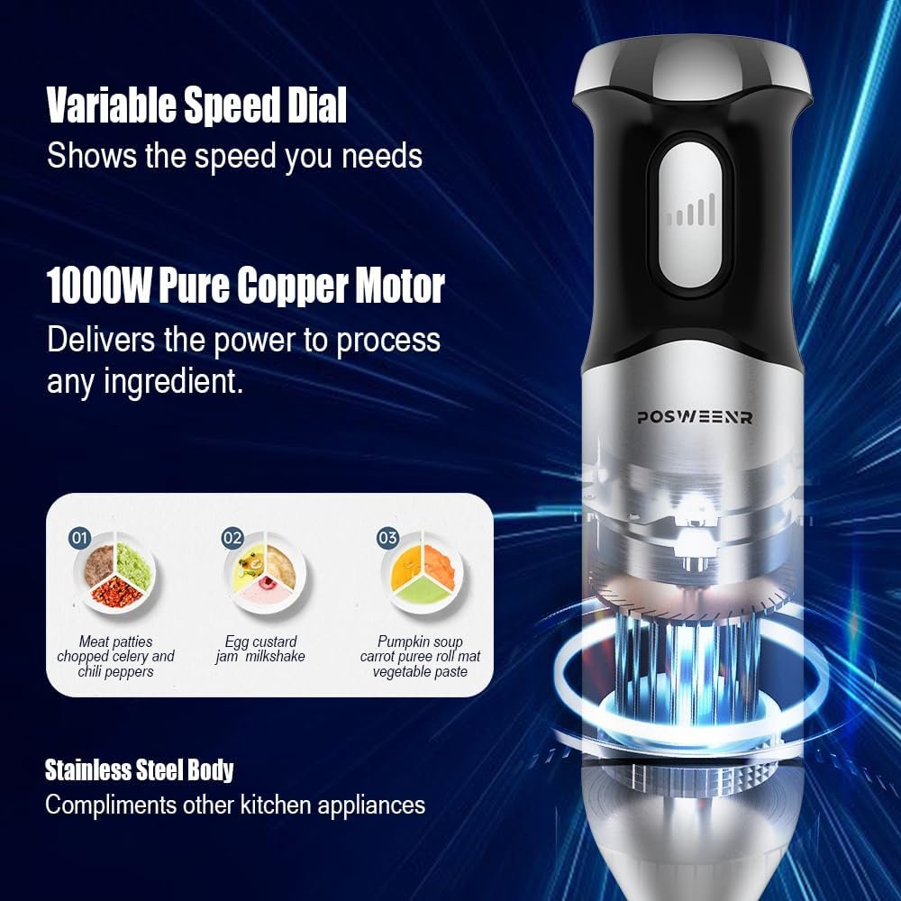 Immersion Blender, Scratch Resistant Hand Blender, 9-in-1 Heavy Duty Copper Motor Stainless Steel Stick Blender with Milk Frother, Whipping, Blade Remover, Storage Case, Black