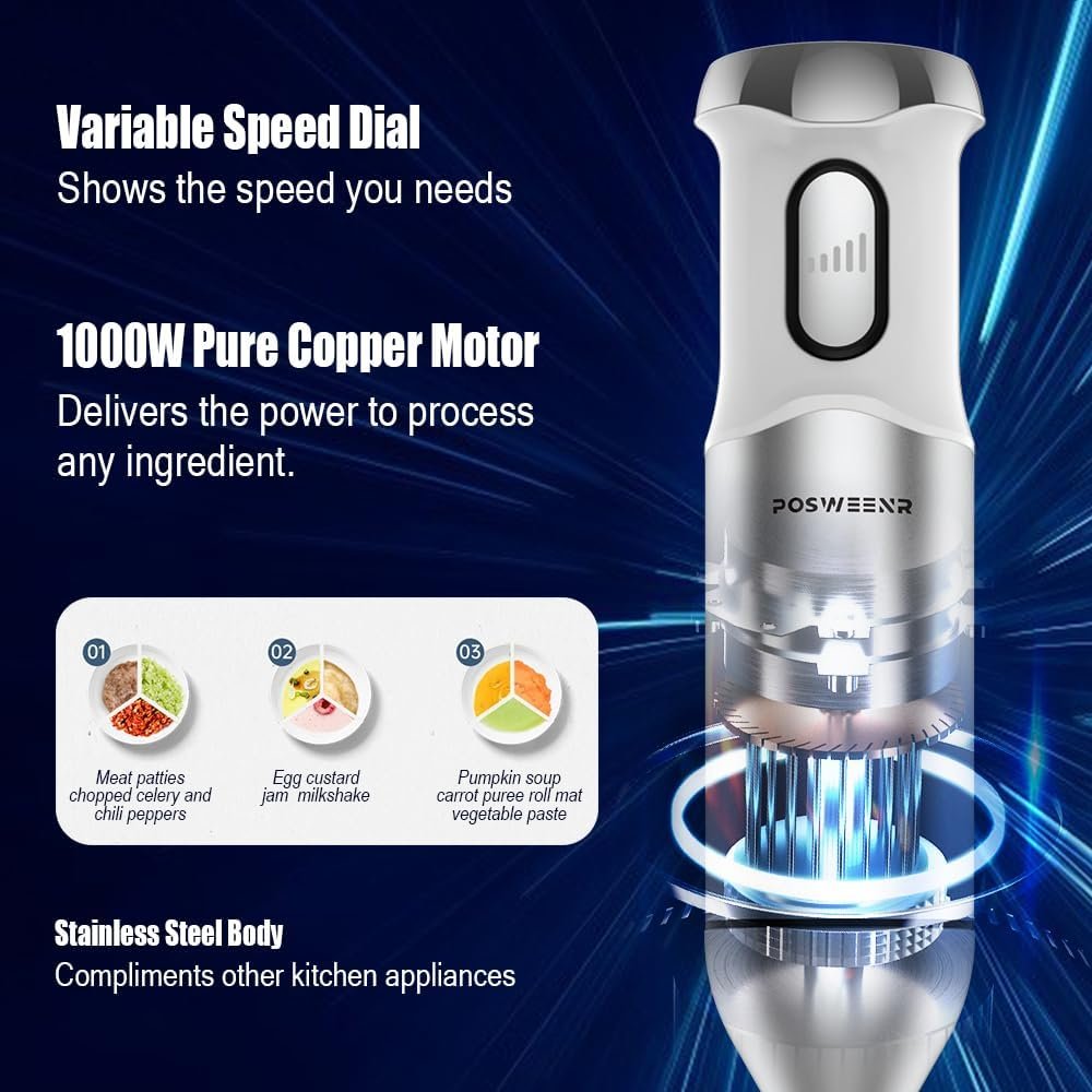 Immersion Blender, Scratch Resistant Hand Blender, 9-in-1 Heavy Duty Copper Motor Stainless Steel Stick Blender with Milk Frother, Whipping, Blade Remover, Storage Case, Black