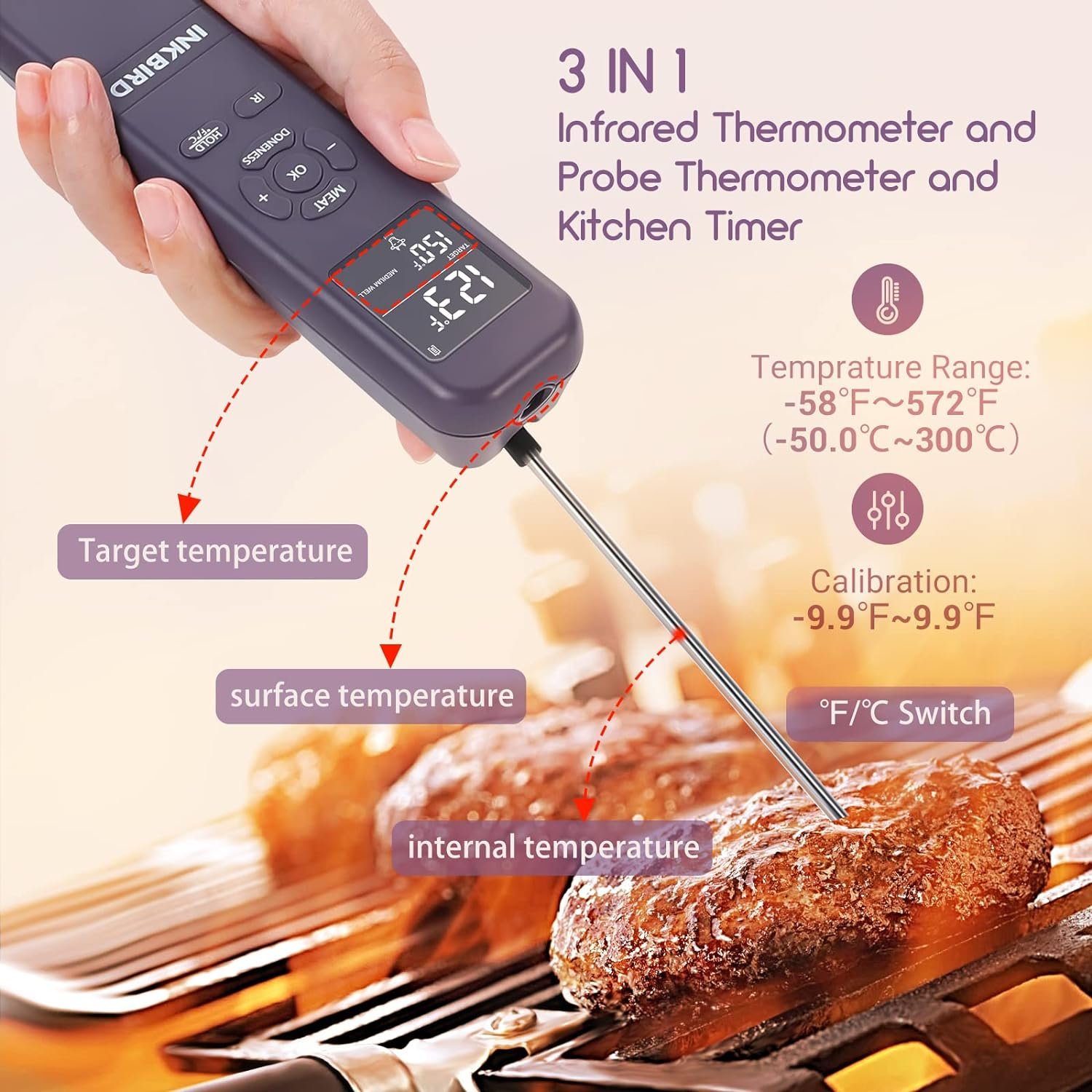 INKBIRD 3-in-1 Instant Read Thermometer for Cooking Temperature,Infrared Thermometer Meat Thermometer with Probe,Food Thermometer with Timer for BBQ,Grilling, Griddle,Oven,Candy, Kitchen INKBIRD 3-in-1 Instant Read Thermometer for Cooking Temperature,Infrared Thermometer Meat Thermometer with Probe,Food Thermometer with Timer for BBQ,Grilling, Griddle,Oven,Candy, Kitchen