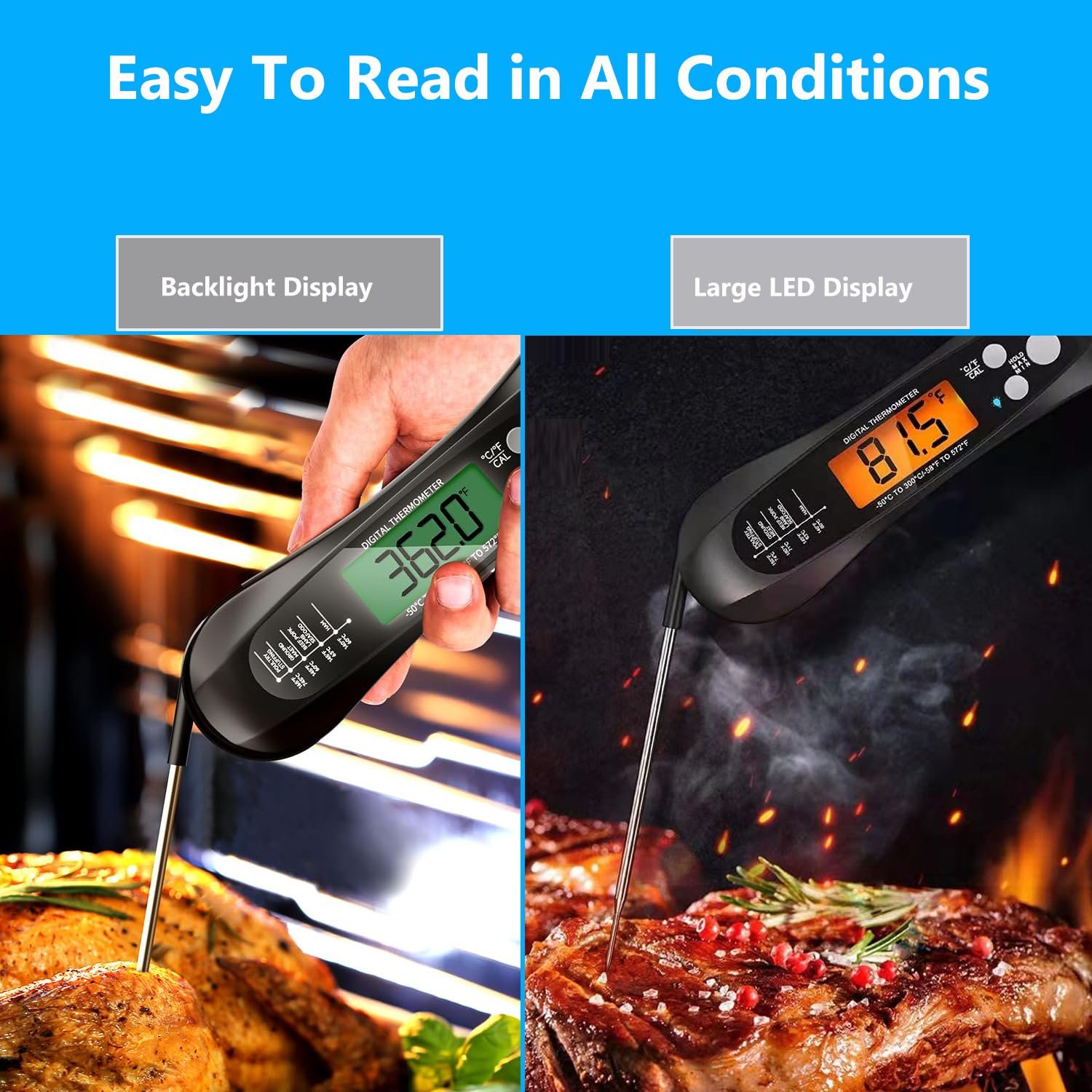 Instant Read Meat Thermometer, Digital Meat Thermometer for Cooking, Candy Making, Outside Grill, Fast and Accurate Food Thermometer Probe with Backlight, Calibration, Waterproof Instant Read Meat Thermometer, Digital Meat Thermometer for Cooking, Candy Making, Outside Grill, Fast and Accurate Food Thermometer Probe with Backlight, Calibration, Waterproof