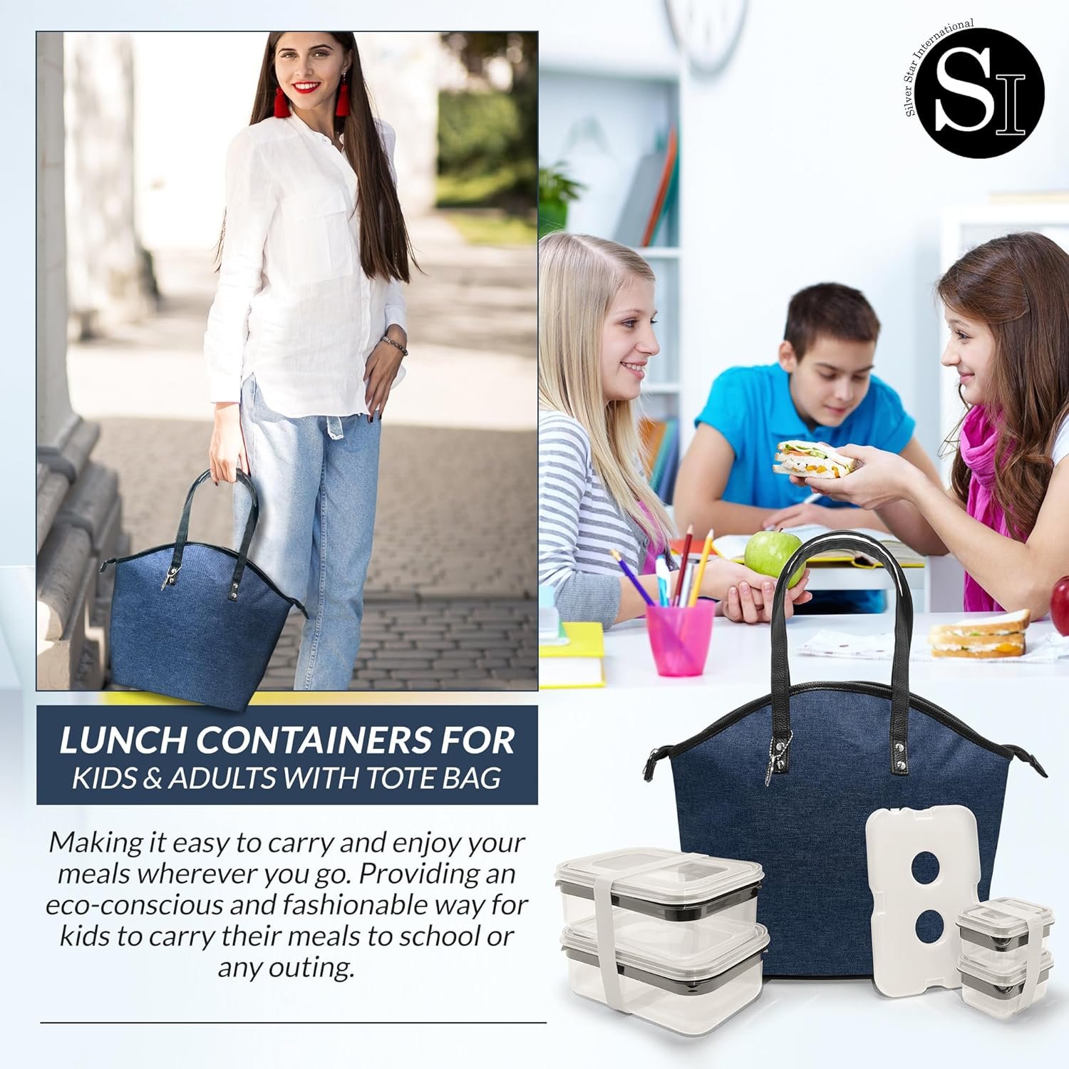 Insulated Lunch Bag for Women - Set of 4 Lunchbox for Women - Lunch Bag with Containers Included 1 Tote Bag, 2 Elastic Band  Reusable Gel Icepack Leak-Proof  BPA Free (Heather Navy)