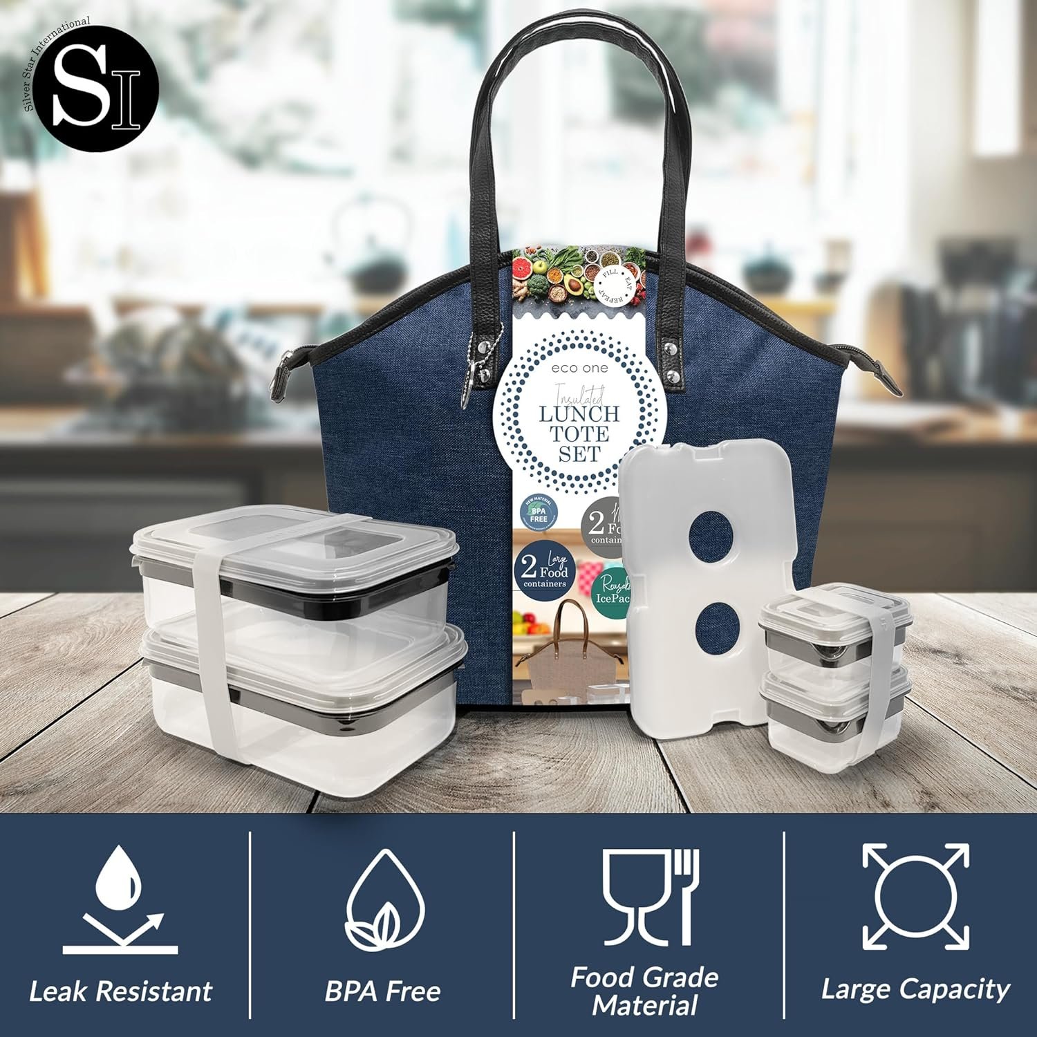 Insulated Lunch Bag for Women - Set of 4 Lunchbox for Women - Lunch Bag with Containers Included 1 Tote Bag, 2 Elastic Band  Reusable Gel Icepack Leak-Proof  BPA Free (Heather Navy)