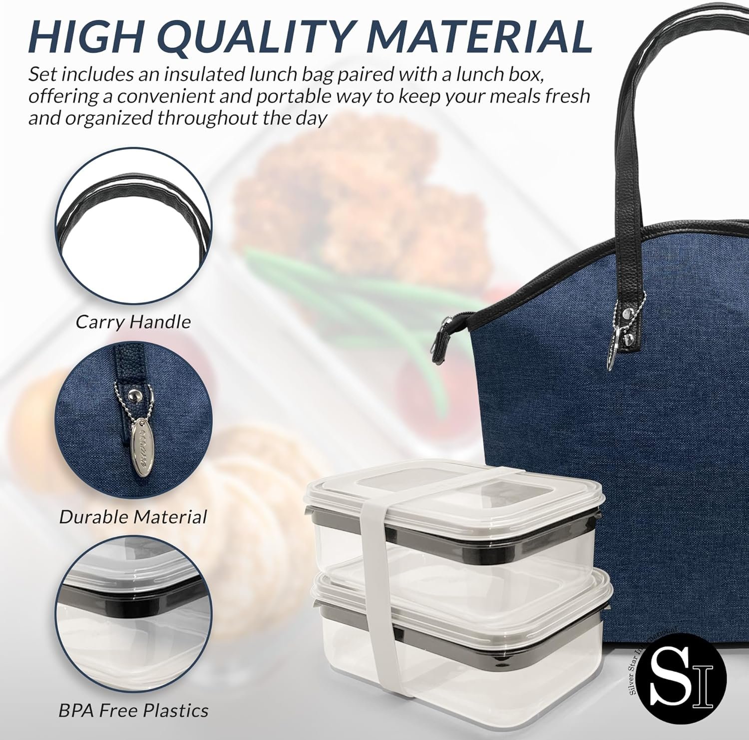 Insulated Lunch Bag for Women - Set of 4 Lunchbox for Women - Lunch Bag with Containers Included 1 Tote Bag, 2 Elastic Band  Reusable Gel Icepack Leak-Proof  BPA Free (Heather Navy)