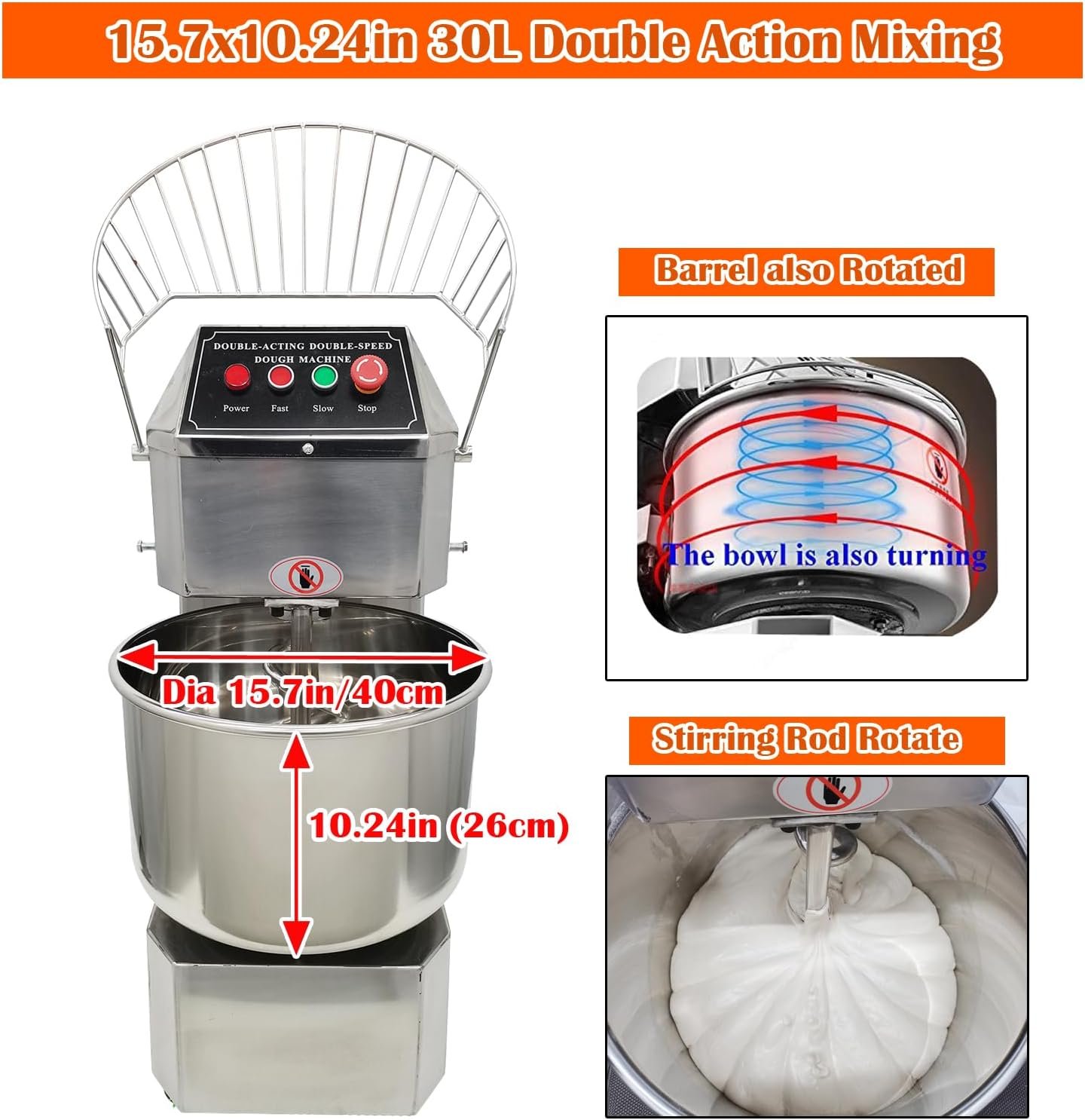 INTBUYING Stand Dough Mixer 30QT Capacity Double Action Spiral Stand Mixer with Double Speeds 304 Stainless Steel Commercial Dough Pizza Kneading Machine for Restaurant Bakeries Pizzeria