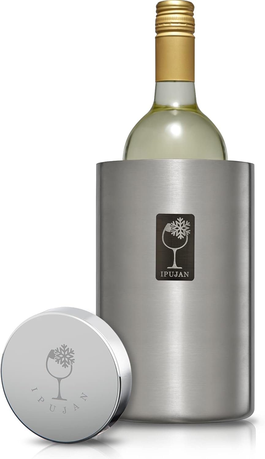 IPUJAN Wine Chiller Bucket with Stainless Ice Stone - Champagne Bucket for 750ml Single Bottle Cold up to 5 Hours - Iceless Insulated Double Walled White Wine Cooler Bucket