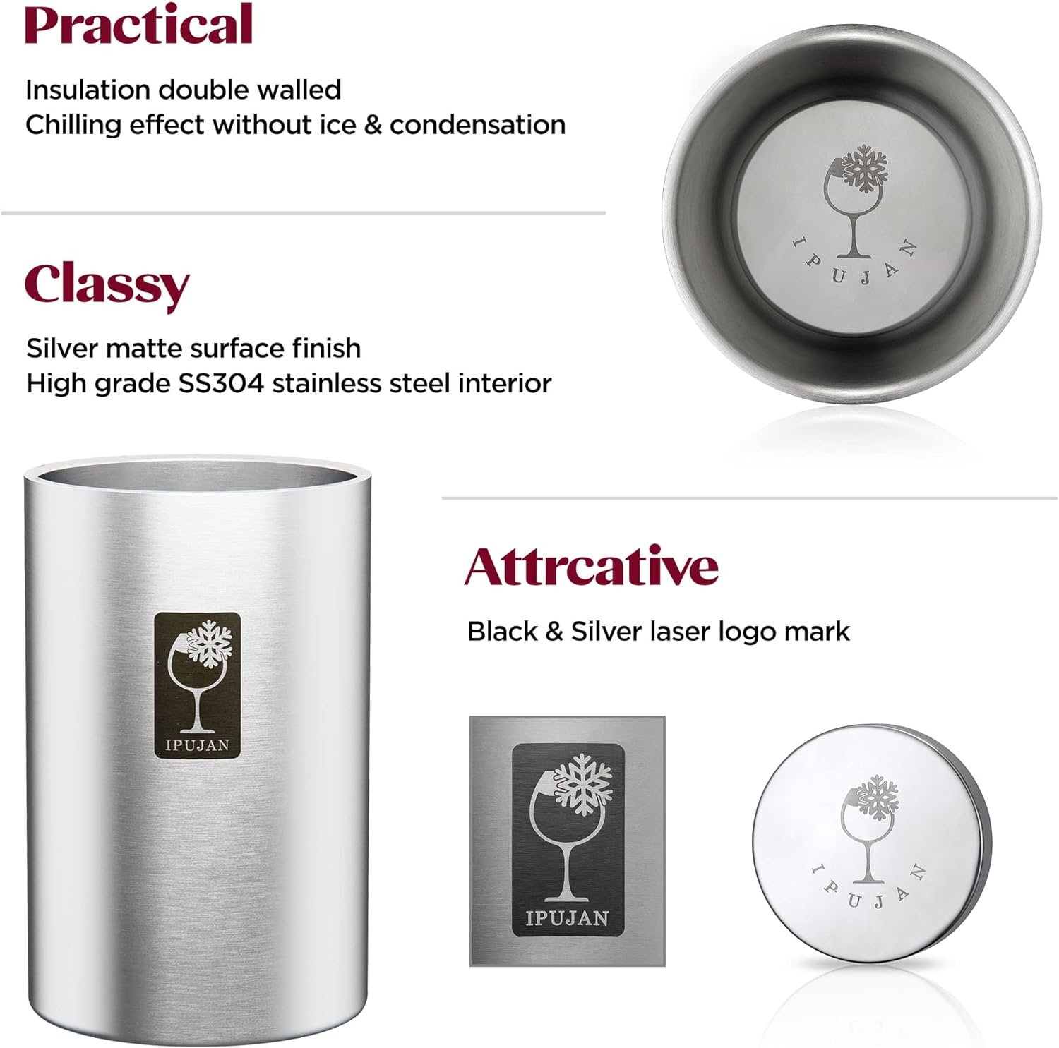 IPUJAN Wine Chiller Bucket with Stainless Ice Stone - Champagne Bucket for 750ml Single Bottle Cold up to 5 Hours - Iceless Insulated Double Walled White Wine Cooler Bucket