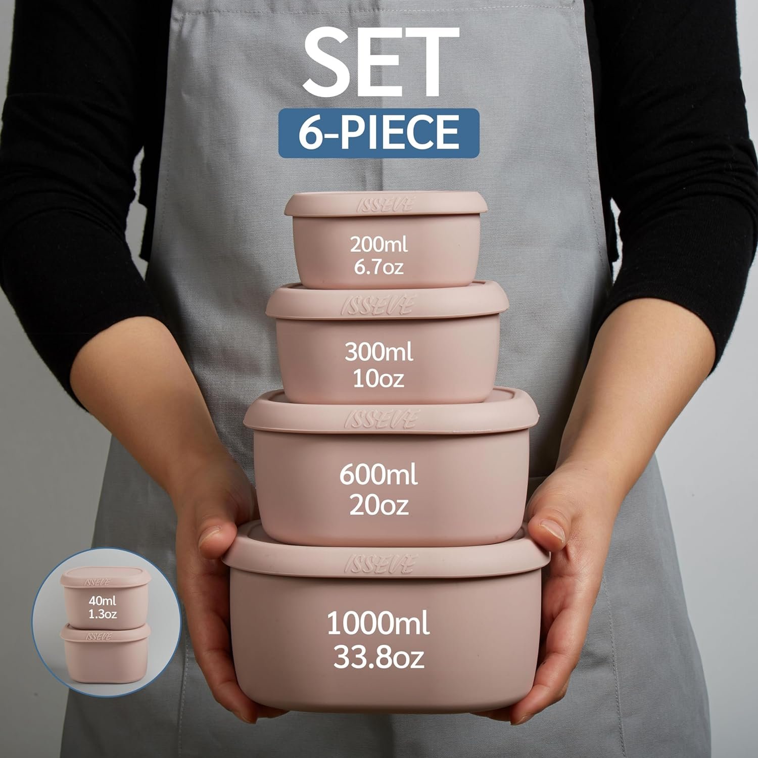 ISSEVE 6Pcs/Set Nesting Silicone Food Storage Containers with Lids, BPA Free Reusable Meal Prep Silicone Containers Airtight, Freezer Dishwasher Safe (33.8oz, 20oz, 10oz, 6.7oz, 1.3oz) (Grey)