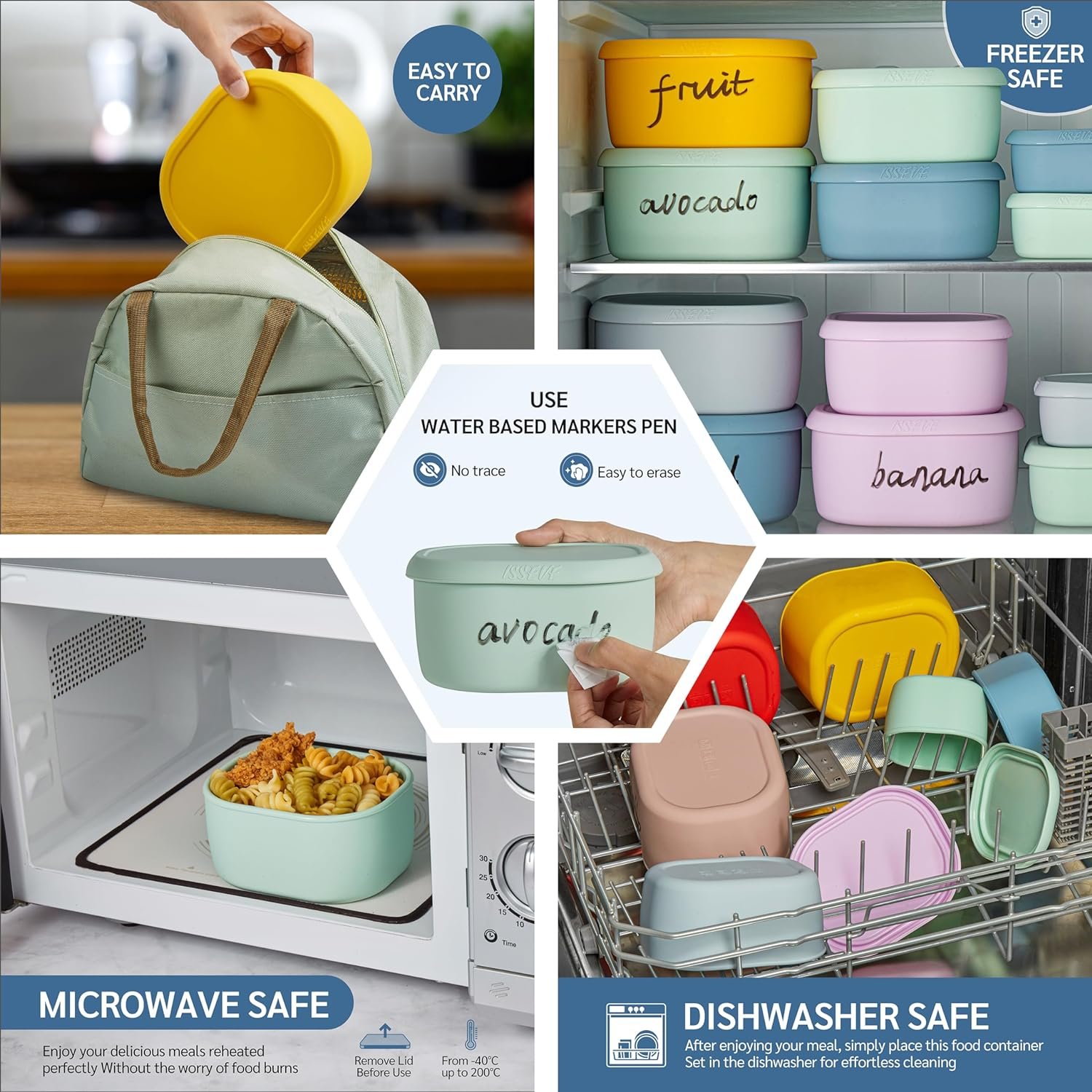 ISSEVE 6Pcs/Set Nesting Silicone Food Storage Containers with Lids, BPA Free Reusable Meal Prep Silicone Containers Airtight, Freezer Dishwasher Safe (33.8oz, 20oz, 10oz, 6.7oz, 1.3oz) (Grey)