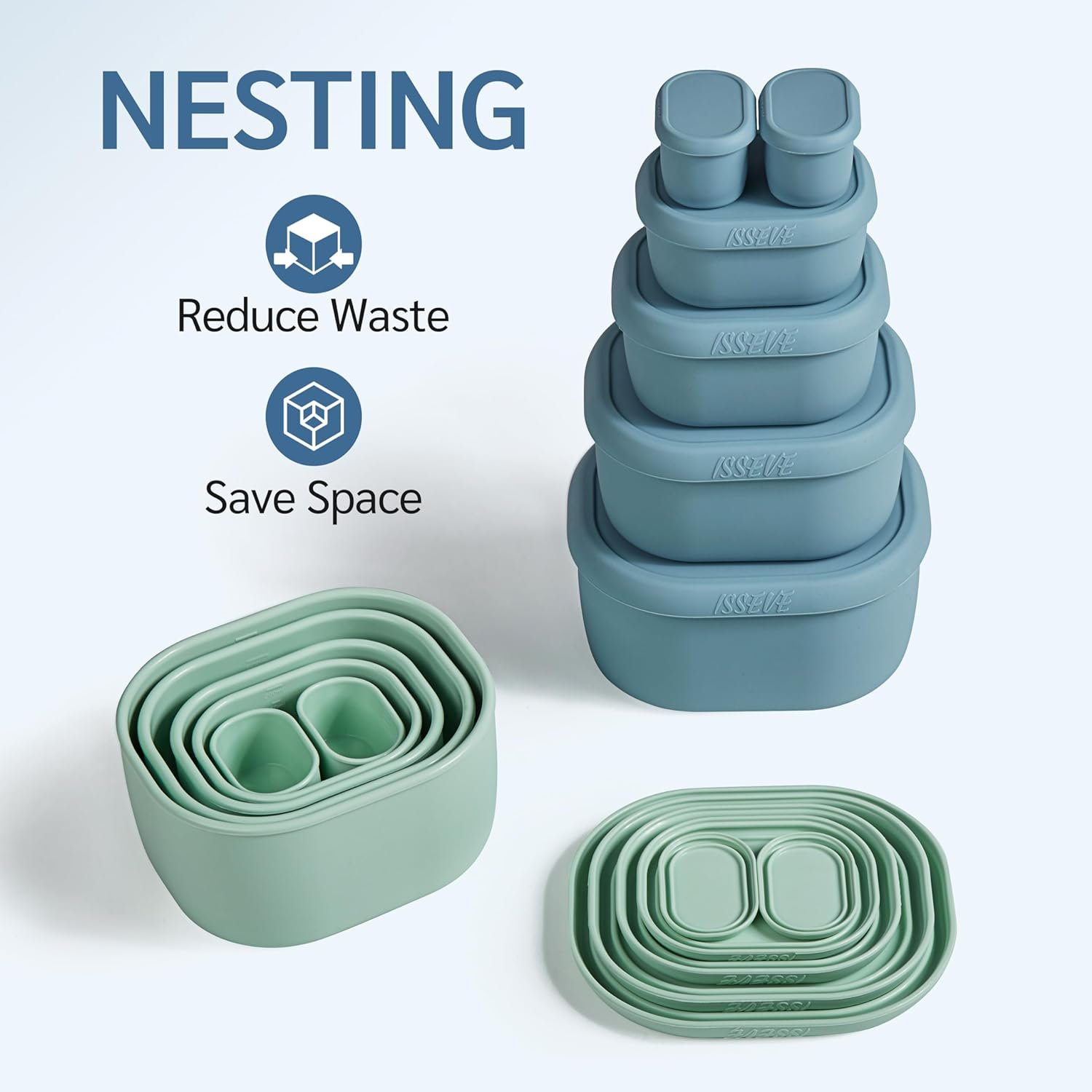 ISSEVE 6Pcs/Set Nesting Silicone Food Storage Containers with Lids, BPA Free Reusable Meal Prep Silicone Containers Airtight, Freezer Dishwasher Safe (33.8oz, 20oz, 10oz, 6.7oz, 1.3oz) (Grey)