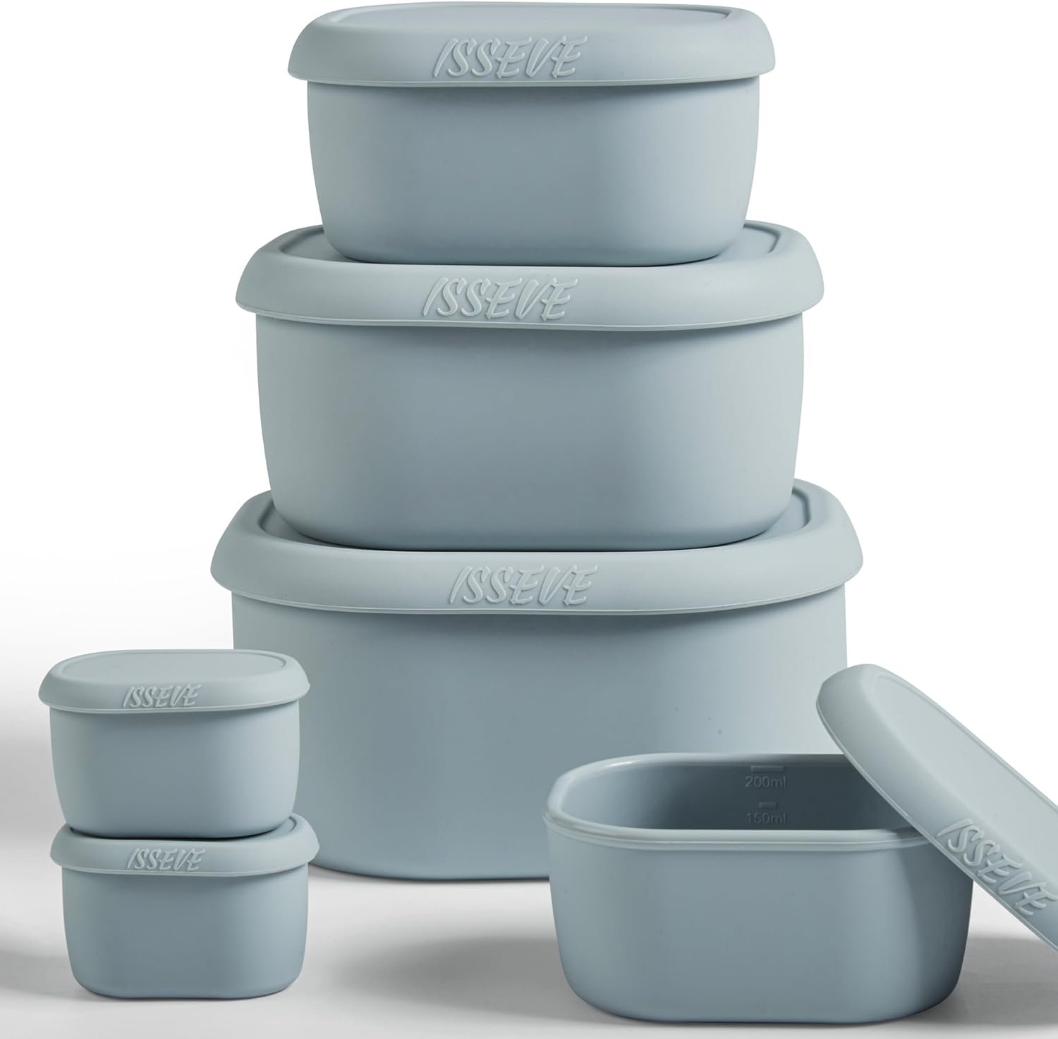 ISSEVE 6Pcs/Set Nesting Silicone Food Storage Containers with Lids, BPA Free Reusable Meal Prep Silicone Containers Airtight, Freezer Dishwasher Safe (33.8oz, 20oz, 10oz, 6.7oz, 1.3oz) (Grey)