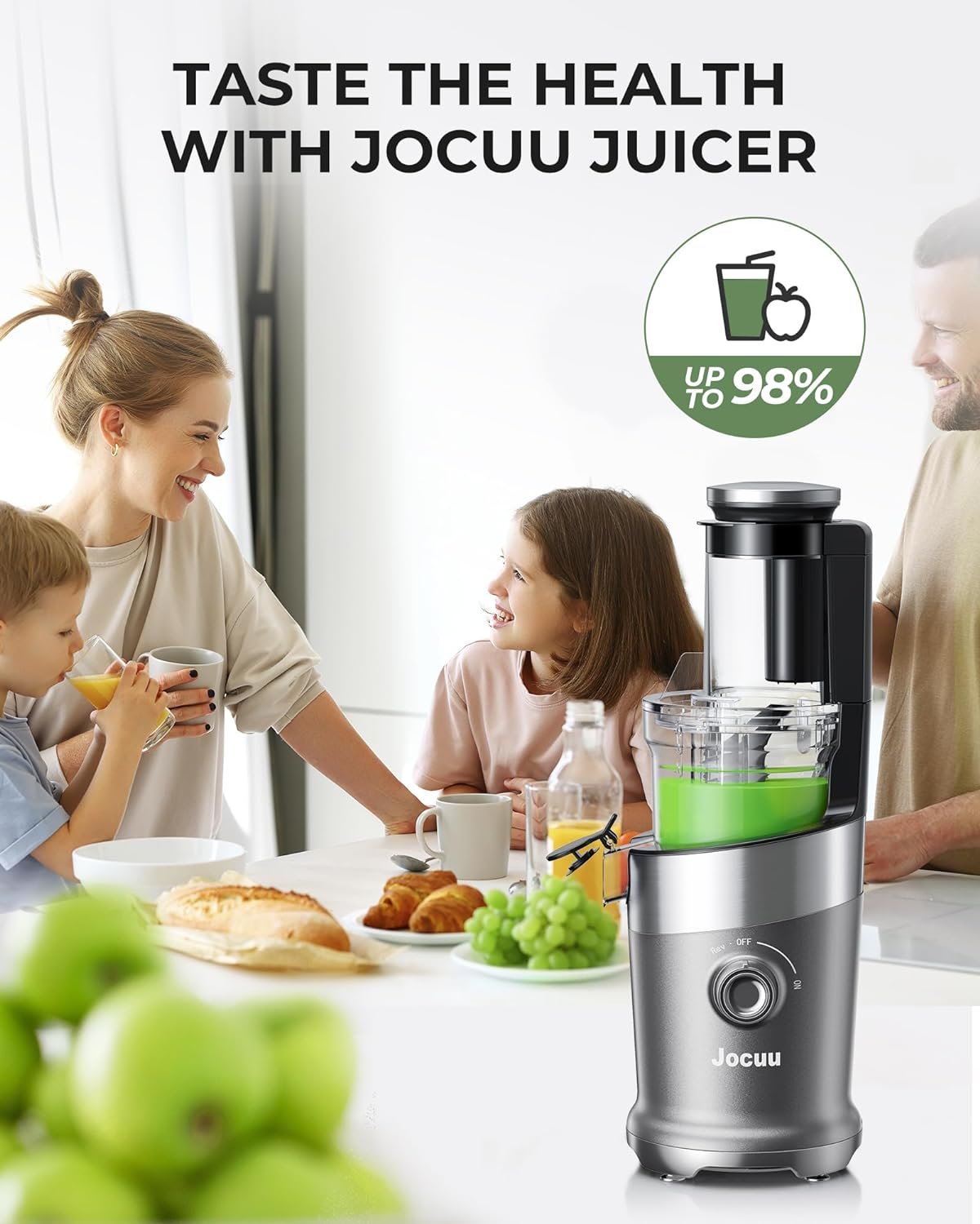 Jocuu Cold Press Juicer Machine with Large Feeding Chute, Slow Masticating Juicer for Vegetables and Fruits with High Juicer Yield, Effortless Cleaning, BPA Free Whole Fruit Juicer