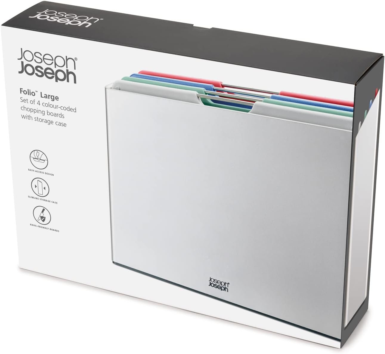 Joseph Joseph Folio 4-Piece Color coded Cutting Board Set, Steel Slimline Case for Organized Kitchen Storage, Large, Carbon Black