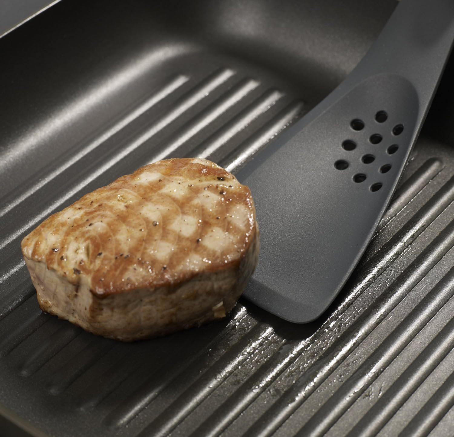 Joseph Joseph - Uni-tool 5-in-1 Silicone Kitchen Utensil, Slotted Spoon, Turner, Cutting Tool, Solid Spoon and Spatula in one- Grey, 12 long