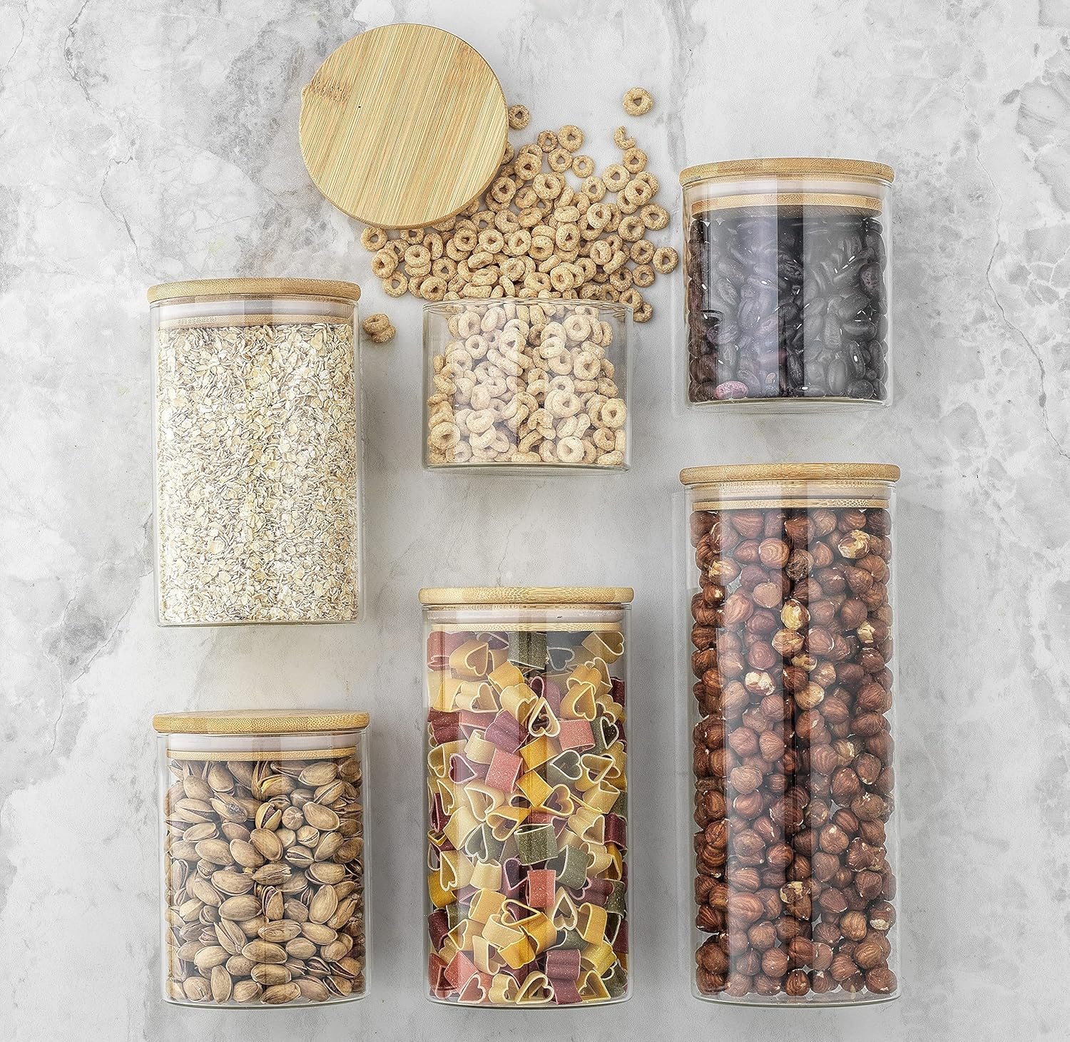 JoyJolt Borosilicate Glass Jars With Bamboo Lids. 6 Pc Set of Air Tight Sealable Containers. Food Jar Canisters with Airtight Lid for Pantry Storage and Kitchen Organization. JoyJolt Borosilicate Glass Jars With Bamboo Lids. 6 Pc Set of Air Tight Sealable Containers. Food Jar Canisters with Airtight Lid for Pantry Storage and Kitchen Organization.