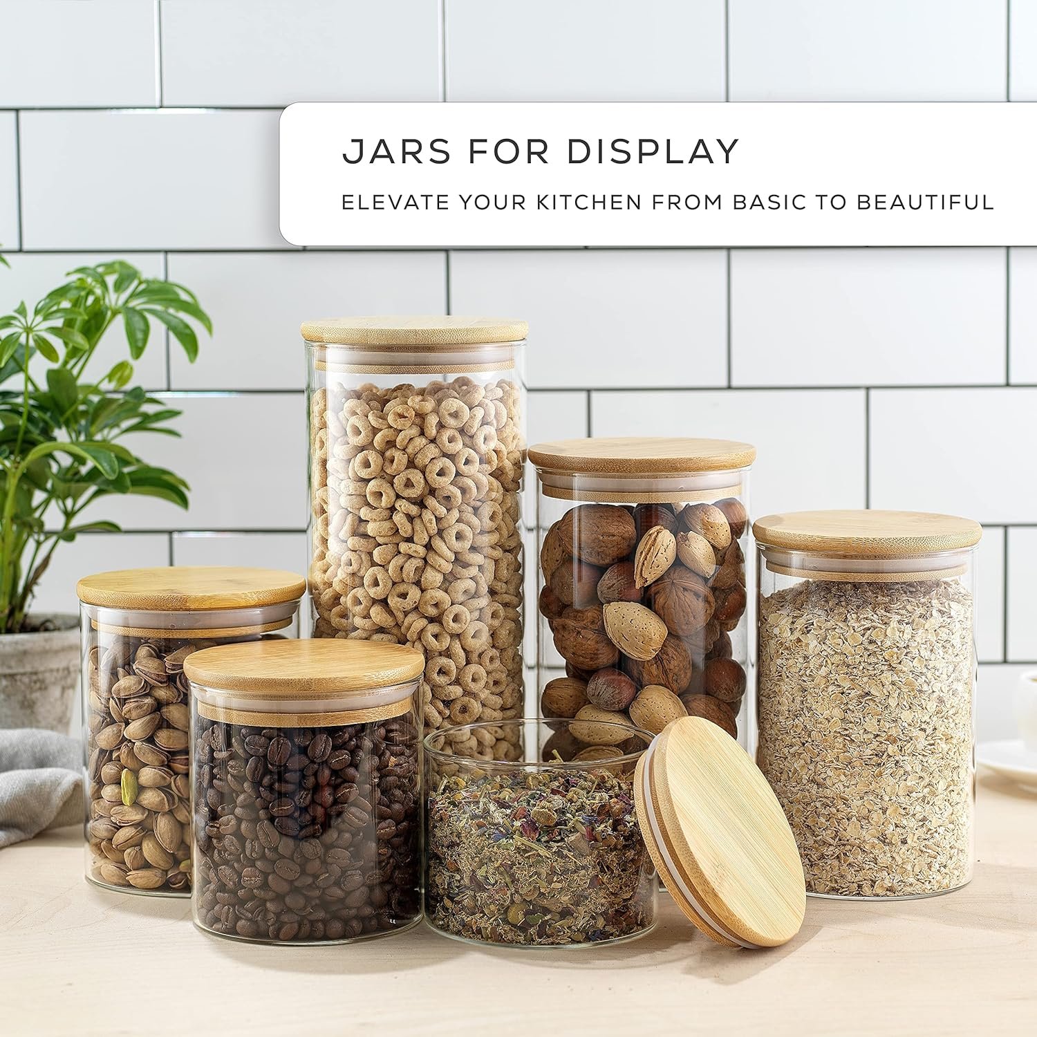 JoyJolt Borosilicate Glass Jars With Bamboo Lids. 6 Pc Set of Air Tight Sealable Containers. Food Jar Canisters with Airtight Lid for Pantry Storage and Kitchen Organization. JoyJolt Borosilicate Glass Jars With Bamboo Lids. 6 Pc Set of Air Tight Sealable Containers. Food Jar Canisters with Airtight Lid for Pantry Storage and Kitchen Organization.