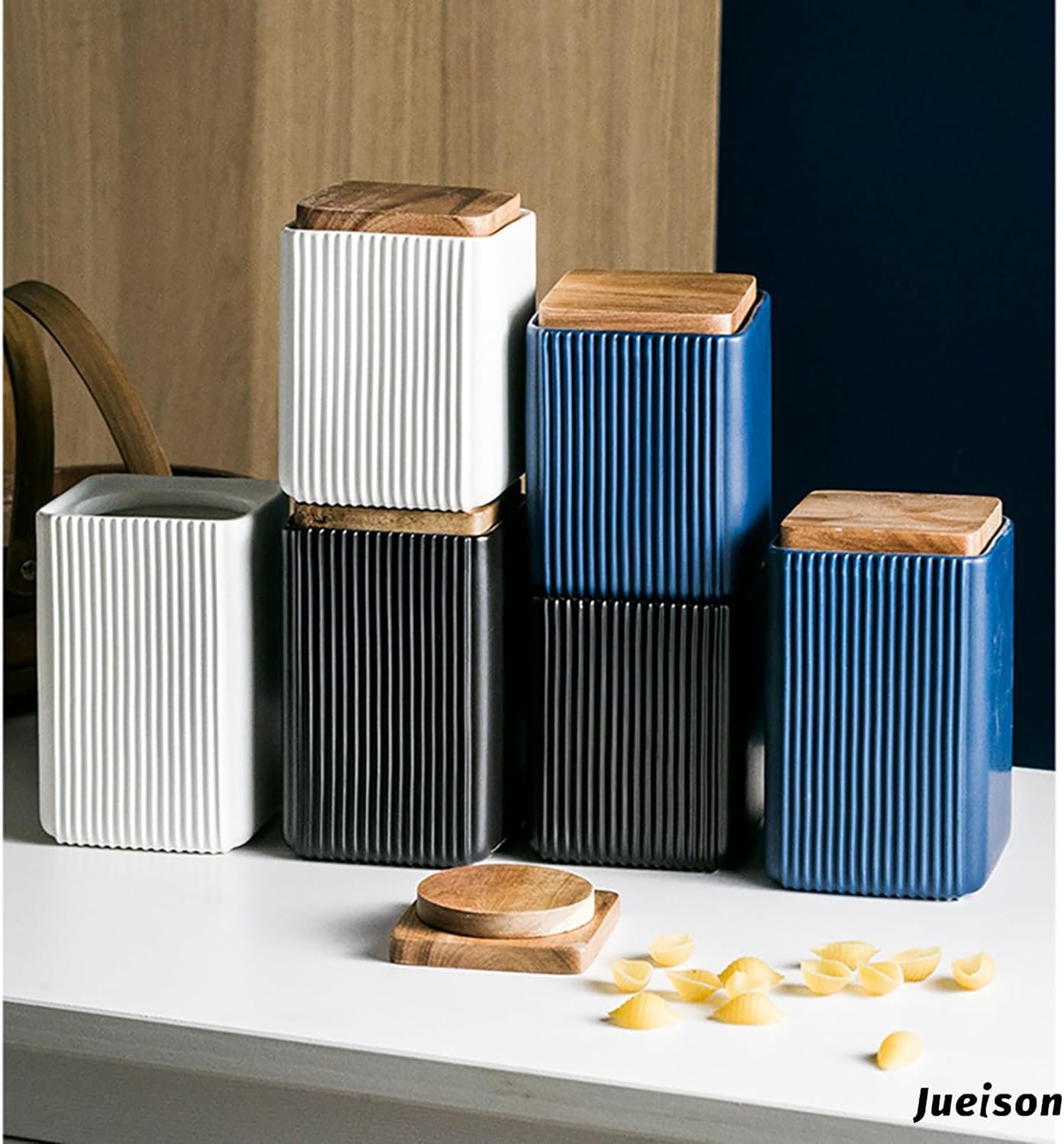 Jueison Ceramic Storage Jars Modern Elegant Highly Polished Airtight Storage Canisters with Lid Whiteware Food Stroage Jar for Kitchen Spice Tea Vanilla Sugar Coffee Beans (Black-1000ML)