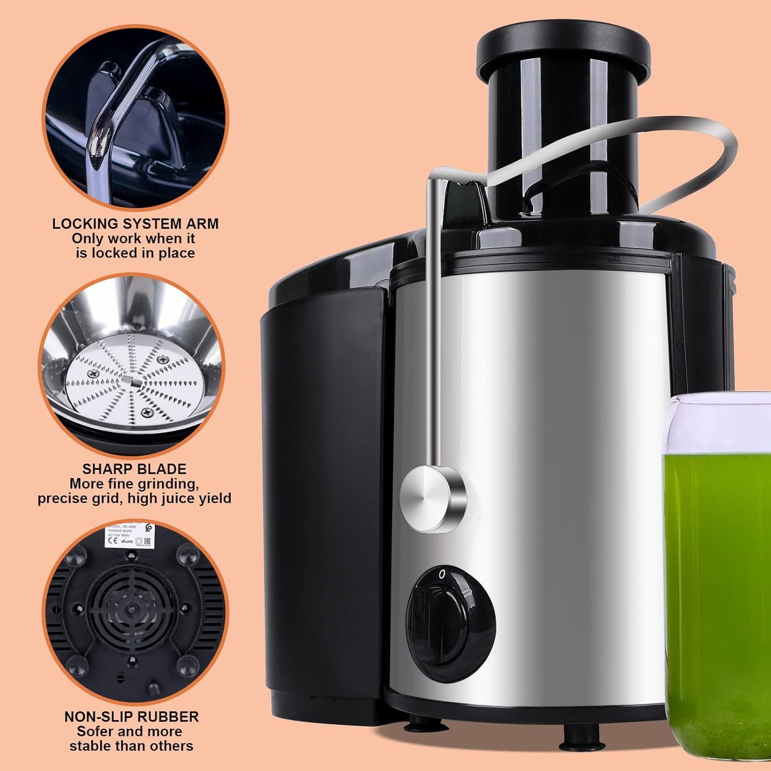 Juicer, 800W Centrifugal Juicer Extractor with Extra Large 3 Feed Chute  Cleaning Brush, 2 Speeds, Easy to Clean, Electric Juicer for Whole Fruits and Vegetables, BPA-Free