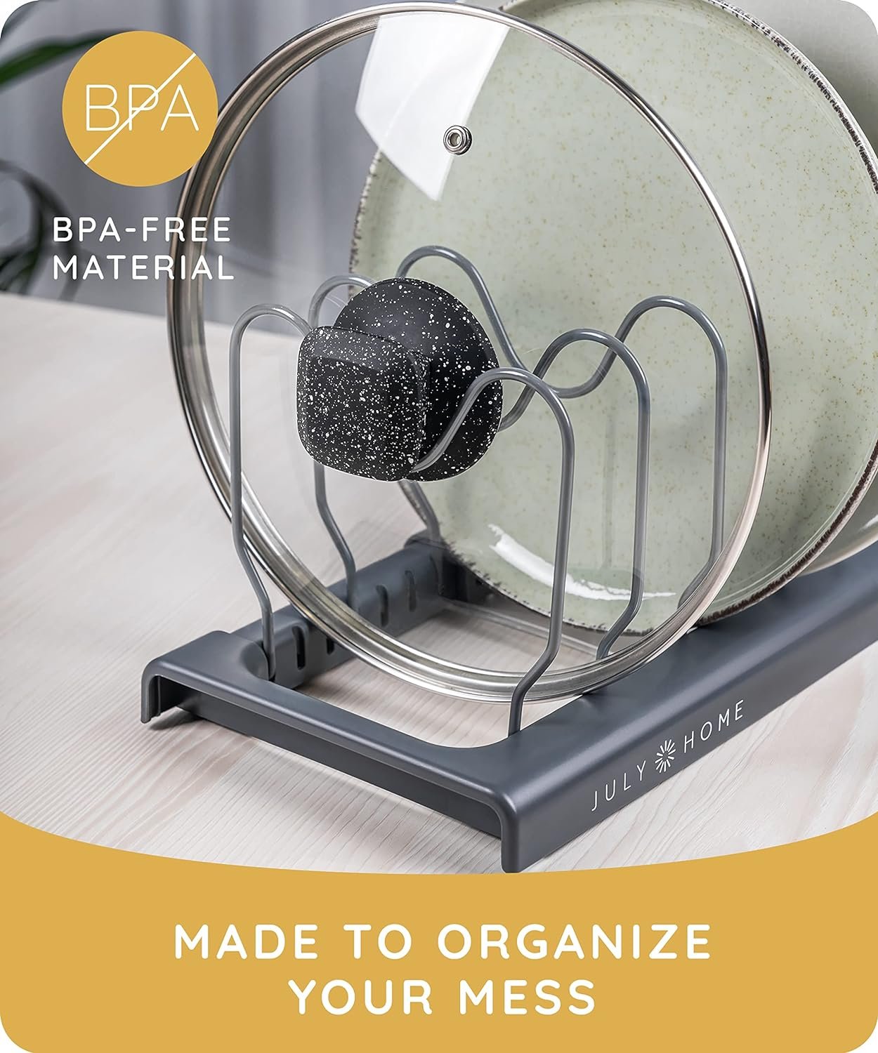 JULY HOME Expandable Pot and Pan Organizer Rack for Cabinet, Pot Lid Organizer Holder with 7 Adjustable Compartments, Cutting Board, Cookware, Bakeware  Frying Rack Organizer for Cabinet (Gray)