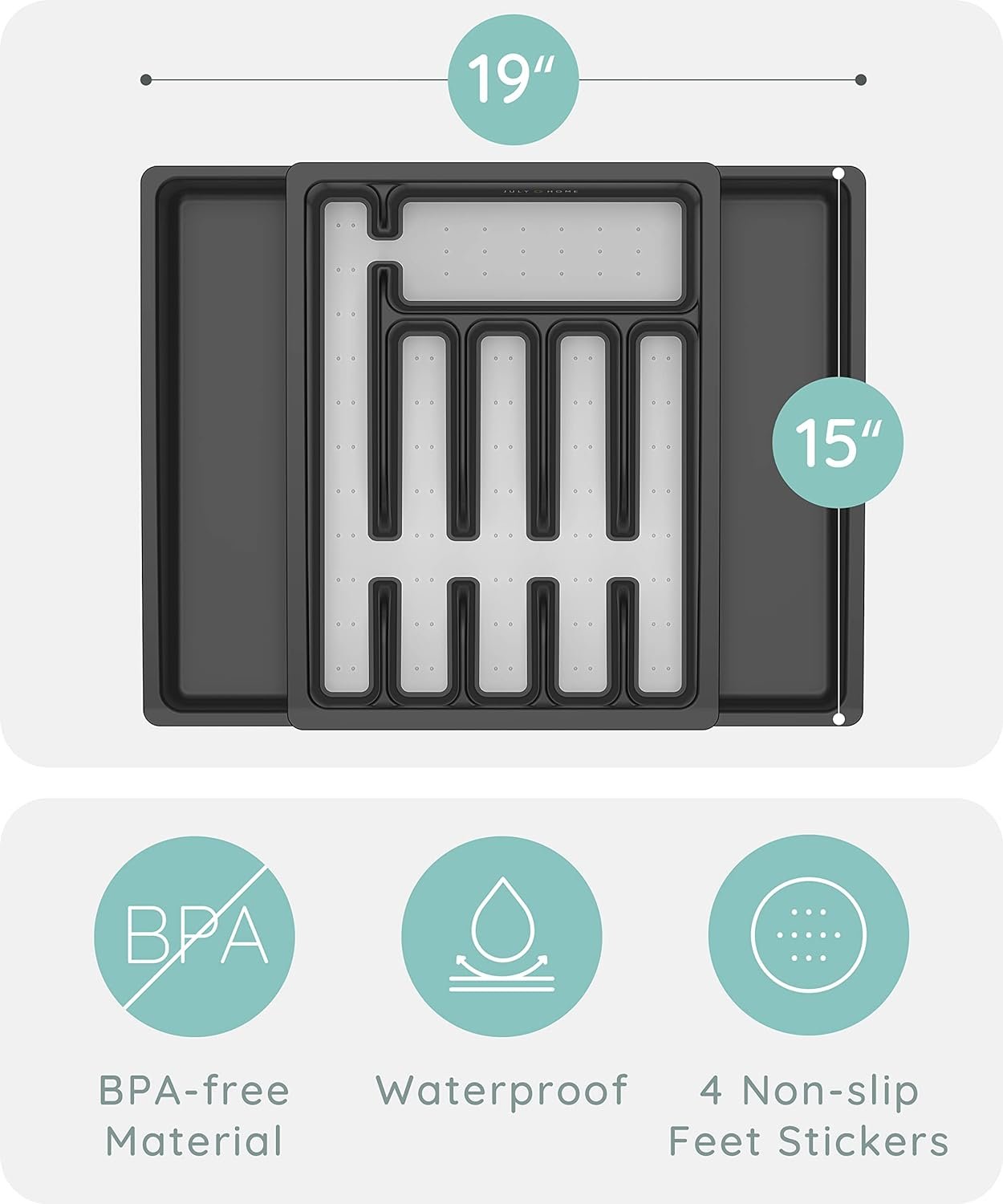 JULY HOME Expandable Pot and Pan Organizer Rack for Cabinet, Pot Lid Organizer Holder with 7 Adjustable Compartments, Cutting Board, Cookware, Bakeware  Frying Rack Organizer for Cabinet (Gray)