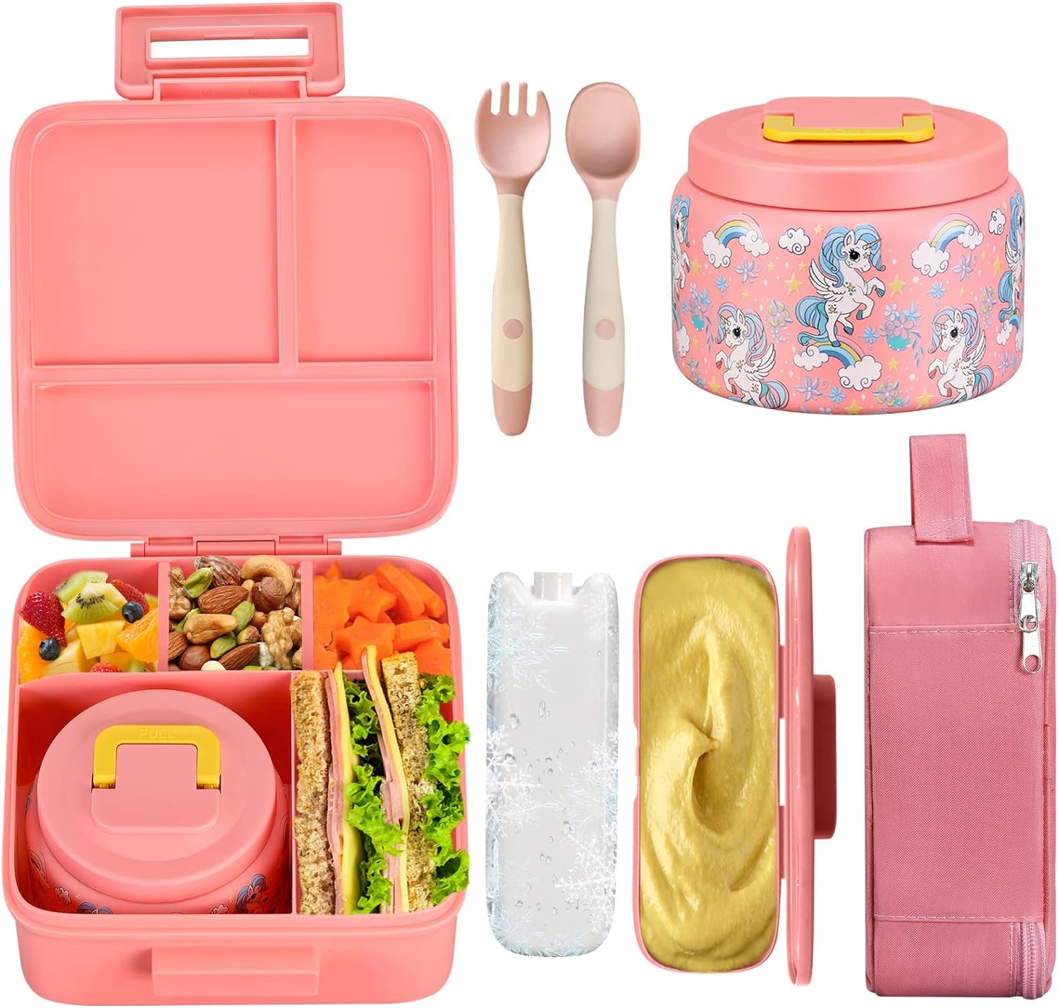 JXXM Bento Lunch Box for Kids With 8oz Soup Thermo,Leak-proof Lunch Containers with 5 Compartment,Thermos Food Jar and Lunch Bag, Food Containers for School (A-Pink(Fantasy Unicorn)) JXXM Bento Lunch Box for Kids With 8oz Soup Thermo,Leak-proof Lunch Containers with 5 Compartment,Thermos Food Jar and Lunch Bag, Food Containers for School (A-Pink(Fantasy Unicorn))