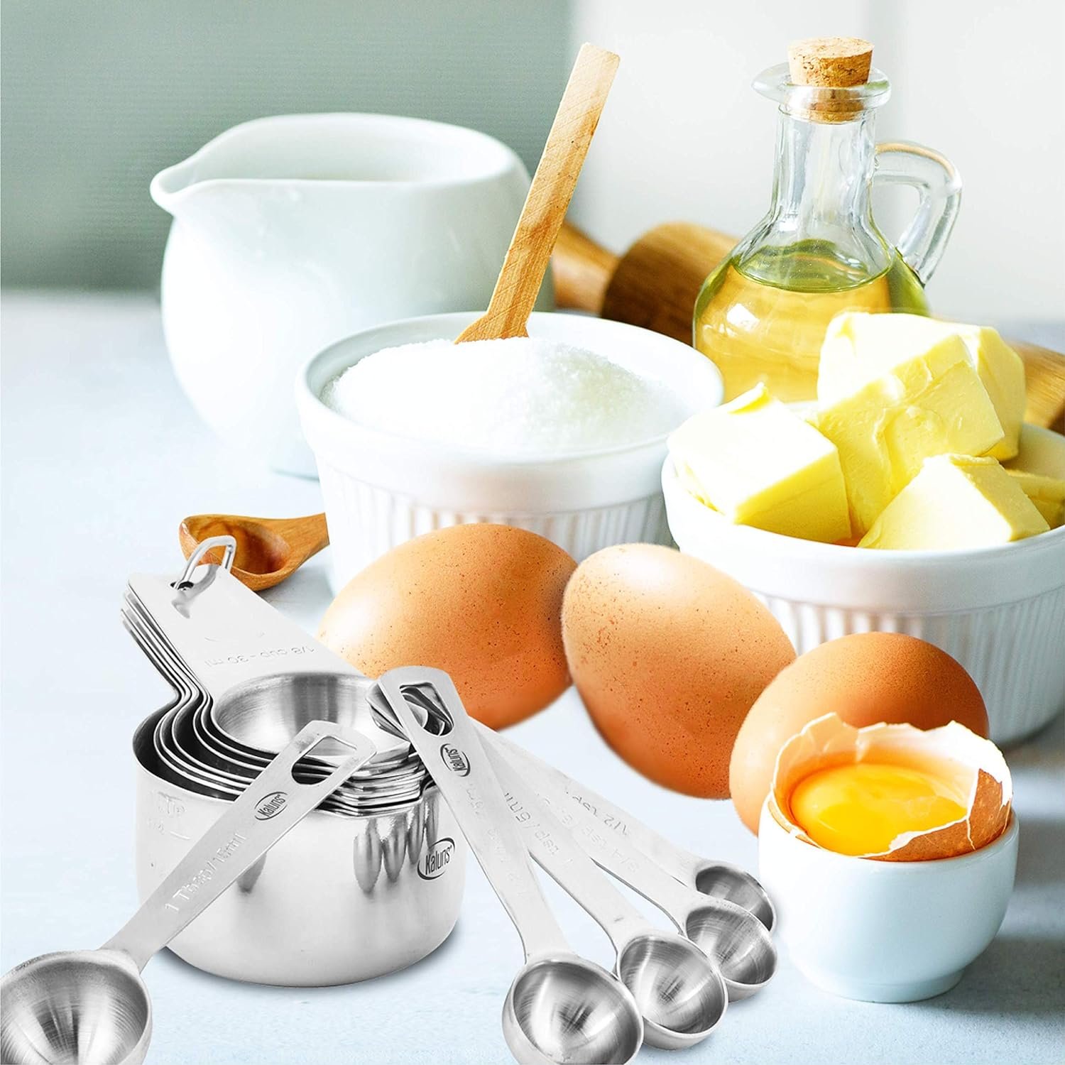 Kaluns Stainless Steel Measuring Cups, Measuring Spoons,16 Piece Measuring Cups and Spoons Set Includes Leveler and Measurements Card, Heavy-duty, Heat and Rust Resistant