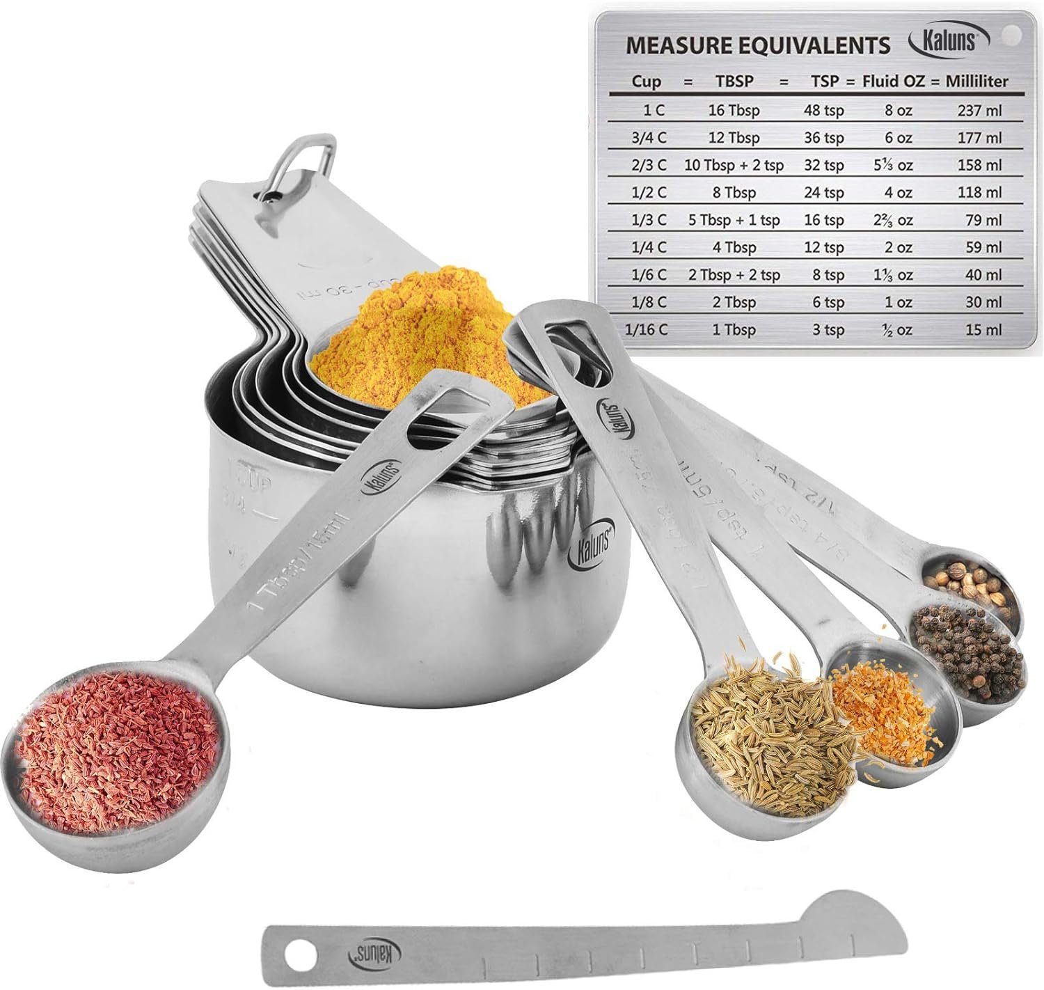 Kaluns Stainless Steel Measuring Cups, Measuring Spoons,16 Piece Measuring Cups and Spoons Set Includes Leveler and Measurements Card, Heavy-duty, Heat and Rust Resistant